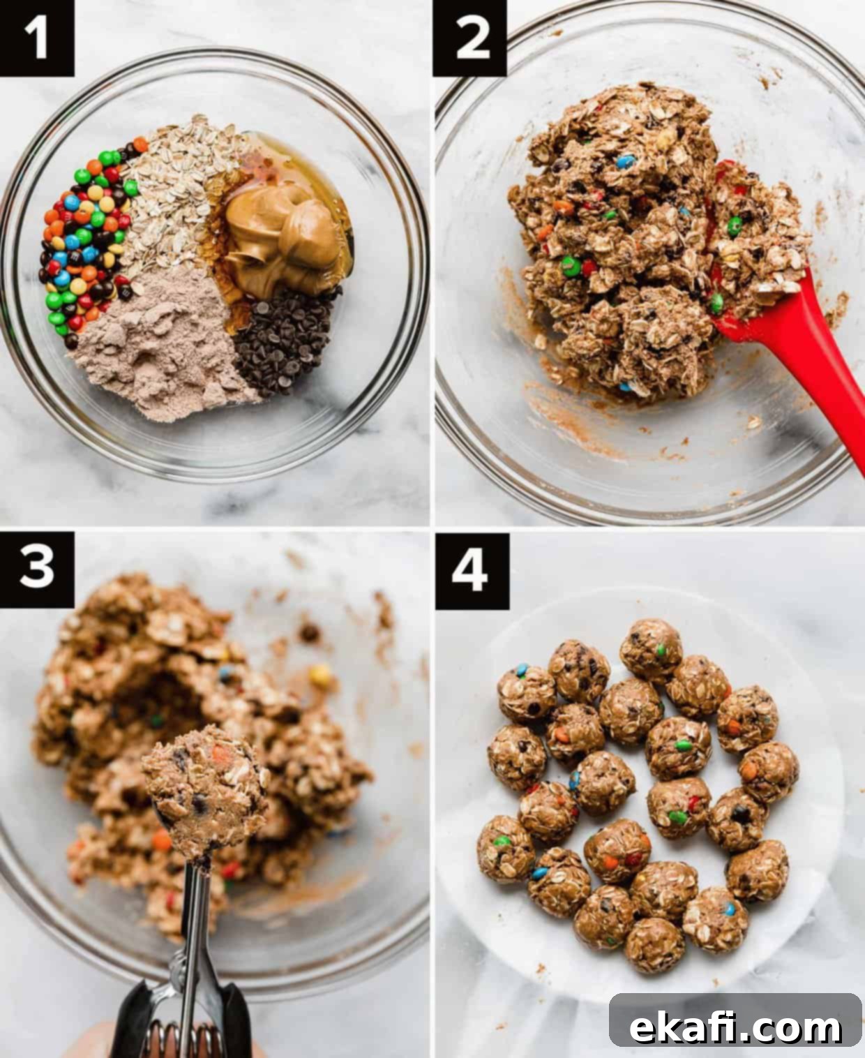 Monster Cookie Protein Bites 4 Four photos showing how to make the best Monster Cookie Protein Balls: glass bowl with m&m's, peanut butter, oats, and protein powder in it (top left), said mixture all mixed together in glass bowl (top right), cookie scoop portioning the protein ball mixture (bottom left), Monster Cookie Protein Balls portioned into balls on a white plate (bottom right).