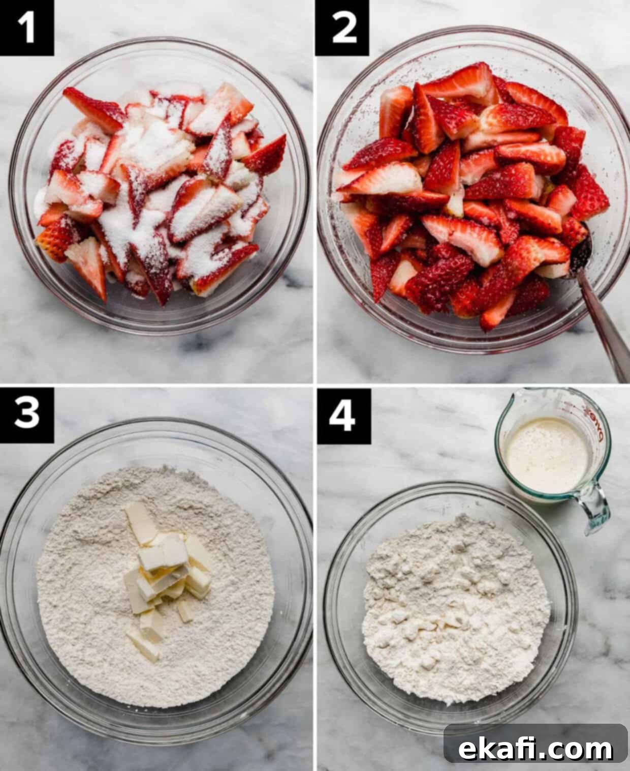 Grandma's Strawberry Shortcake 4 Four photos showing how to make traditional strawberry shortcakes: sugar overtop quartered strawberries (top left), sugared strawberries in glass bowl (top right), cubed butter atop flour (bottom left), butter cut into flour mixture in glass bowl (bottom right).