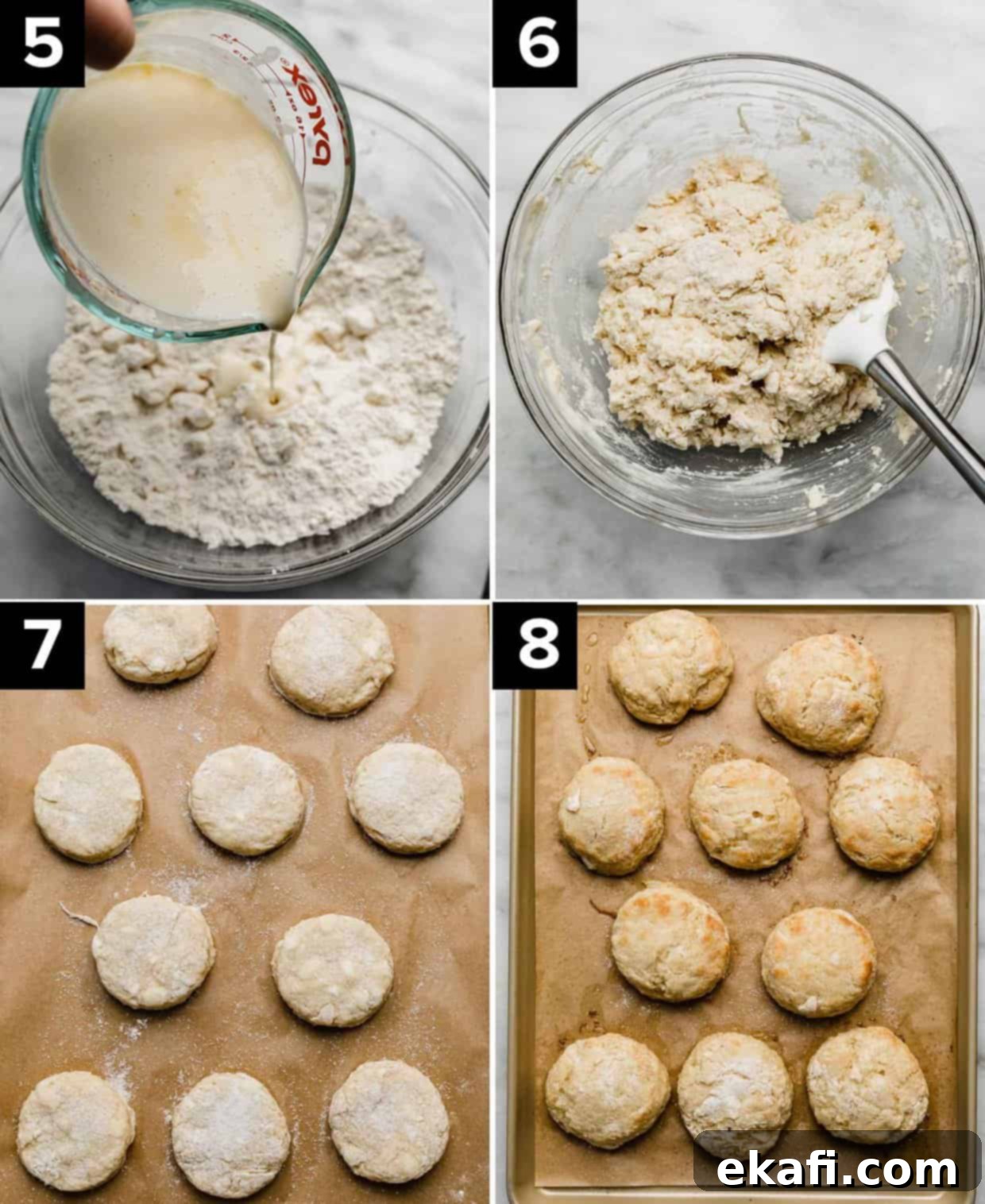Grandma's Strawberry Shortcake 5 Four photos showing how to make the best strawberry shortcake recipe: wet mixture being poured into glass bowl filled with flour biscuit mixture (top left), biscuit dough in a glass bowl (top right), raw circle biscuits on a parchment lined baking sheet topped with sugar (bottom left), baked golden biscuits for strawberry shortcake on a baking sheet (bottom right).