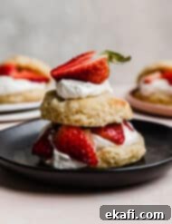 Grandma's Strawberry Shortcake 10 A classic strawberry shortcake with a flaky biscuit on a black plate.