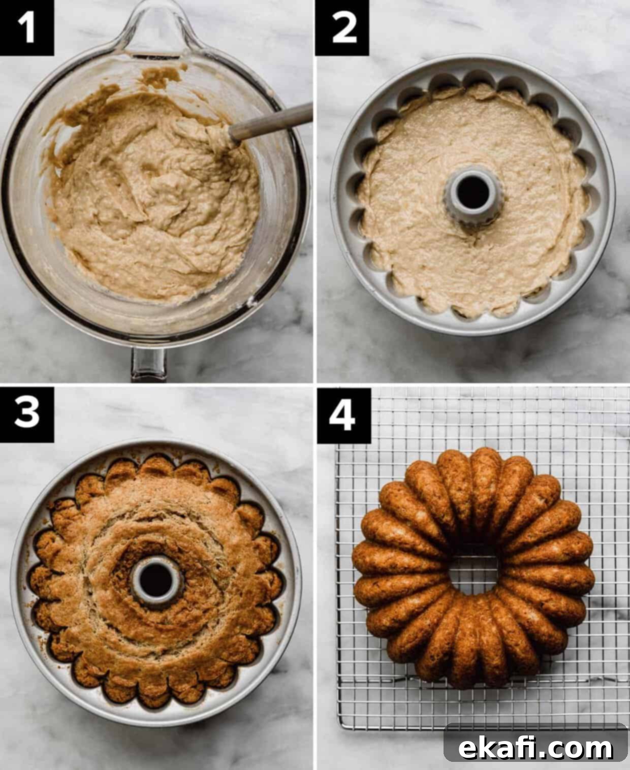 Classic Banana Bread Bundt Cake 4 Four photos showing how to make the best Banana Bundt Cake recipe: banana bundt cake batter in glass bowl (top left), banana bread bundt cake batter in a bundt pan (top right), a baked banana bundt cake in a bundt pan (bottom left), a fully baked Banana Bread Bundt Cake on a wire cooling rack (bottom right).