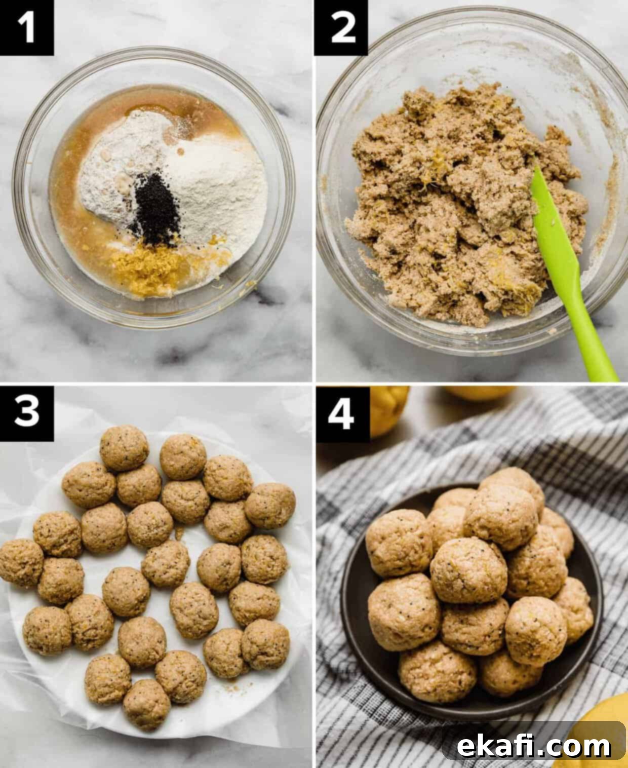 Zesty Lemon Protein Bites 4 Four photos showing how to make Lemon Protein Balls, from mixing ingredients to forming balls.