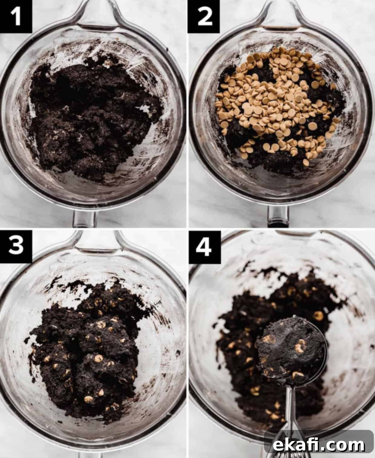 Ultimate Oreo Peanut Butter Cookies 4 A collage of four images illustrating the process of making Peanut Butter Oreo Cookies: showing crushed Oreos, mixing dough, adding black cocoa powder, and incorporating peanut butter chips.