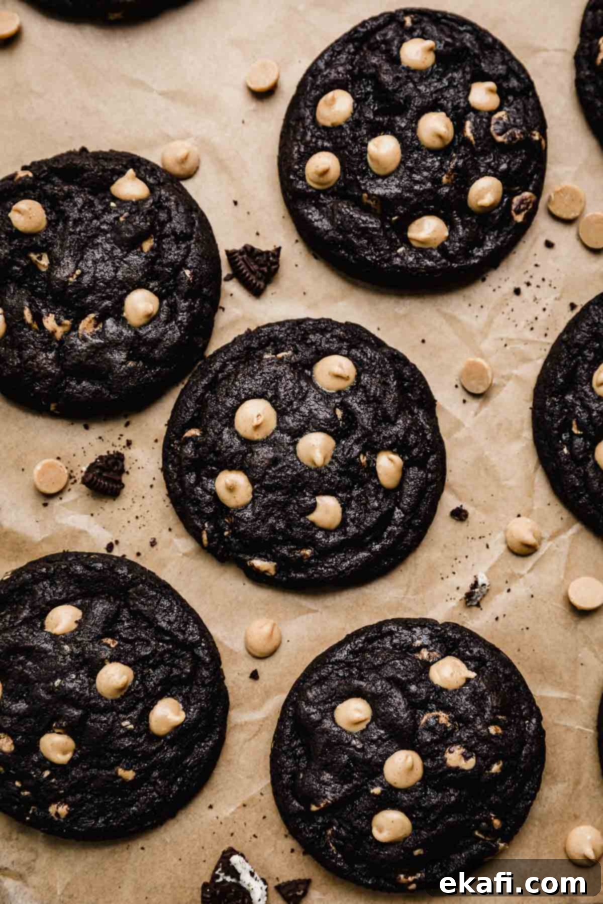 Ultimate Oreo Peanut Butter Cookies 7 Close-up of baked Peanut Butter Oreo Cookies on a light background, surrounded by loose peanut butter chips and Oreo pieces, highlighting their rich color and texture.