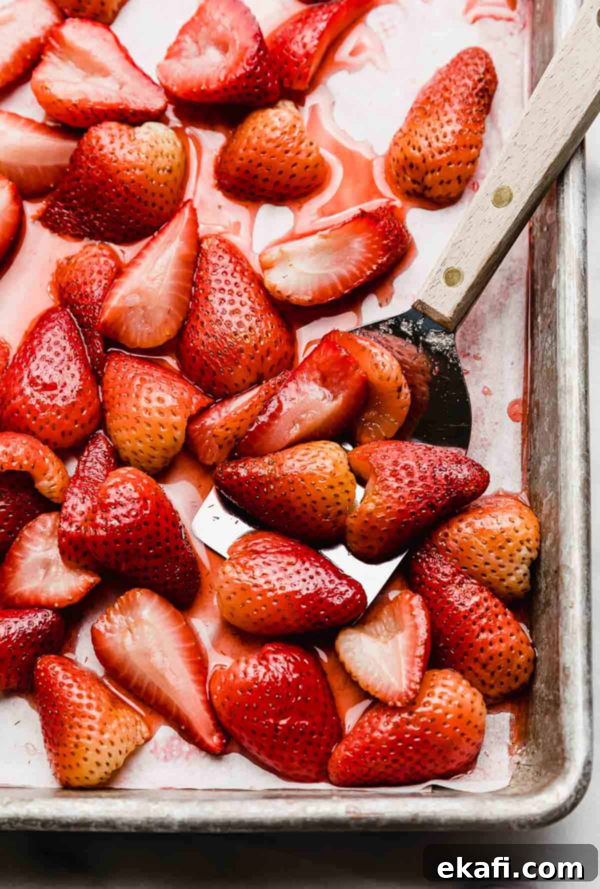 Sweet Baked Strawberries 2 Easy oven-baked strawberry halves on a baking sheet, showing their glistening, jammy texture.