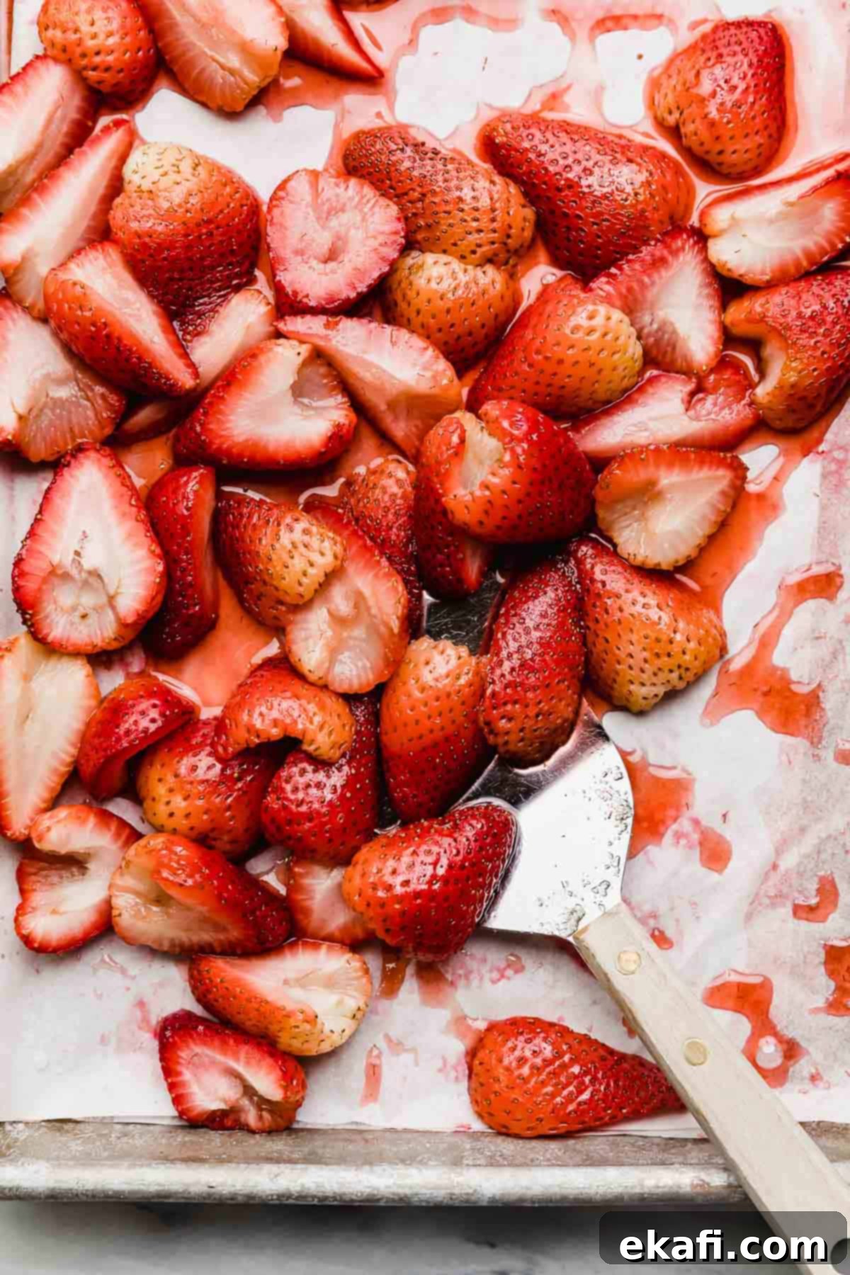 Sweet Baked Strawberries 5 A metal spatula scooping halved baked strawberries from a baking sheet, showing the rich juices.