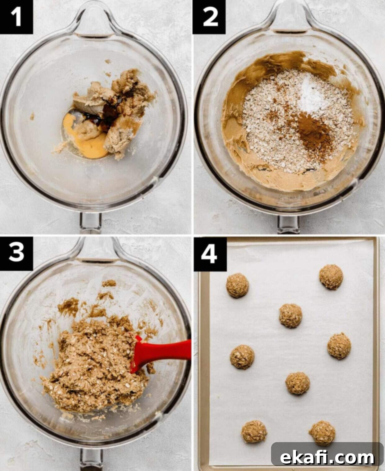 Soft Chewy Oatmeal Cream Sandwiches 4 Four photos showing how to make oatmeal cream pie cookie dough: Top two photos are a glass bowl with butter, sugar, and the addition of flour and oats added to the bowl, bottom two photos are cookie dough made (bottom left), and cookie dough balls on a baking sheet (bottom right).