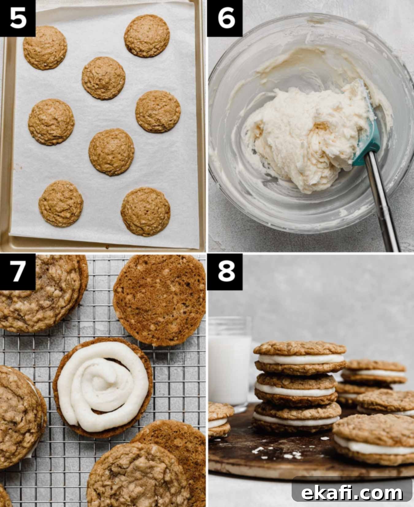 Soft Chewy Oatmeal Cream Sandwiches 5 Four photos the making of Little Debbie oatmeal creme pies: baked oatmeal cookies on baking sheet (top right), white frosting in glass bowl (top left image), frosting covered oatmeal cookie (bottom left), oatmeal creme pie sandwich cookies (bottom right).