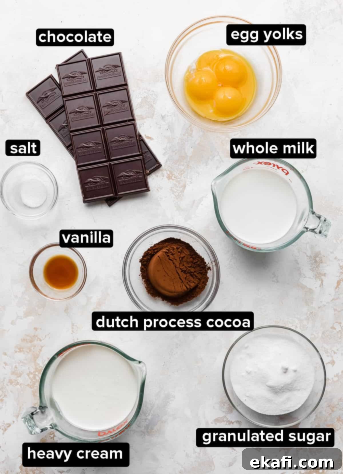 Easy Homemade Rocky Road Ice Cream 3 Homemade Chocolate Ice Cream ingredients portioned into glass bowls on a white textured background.