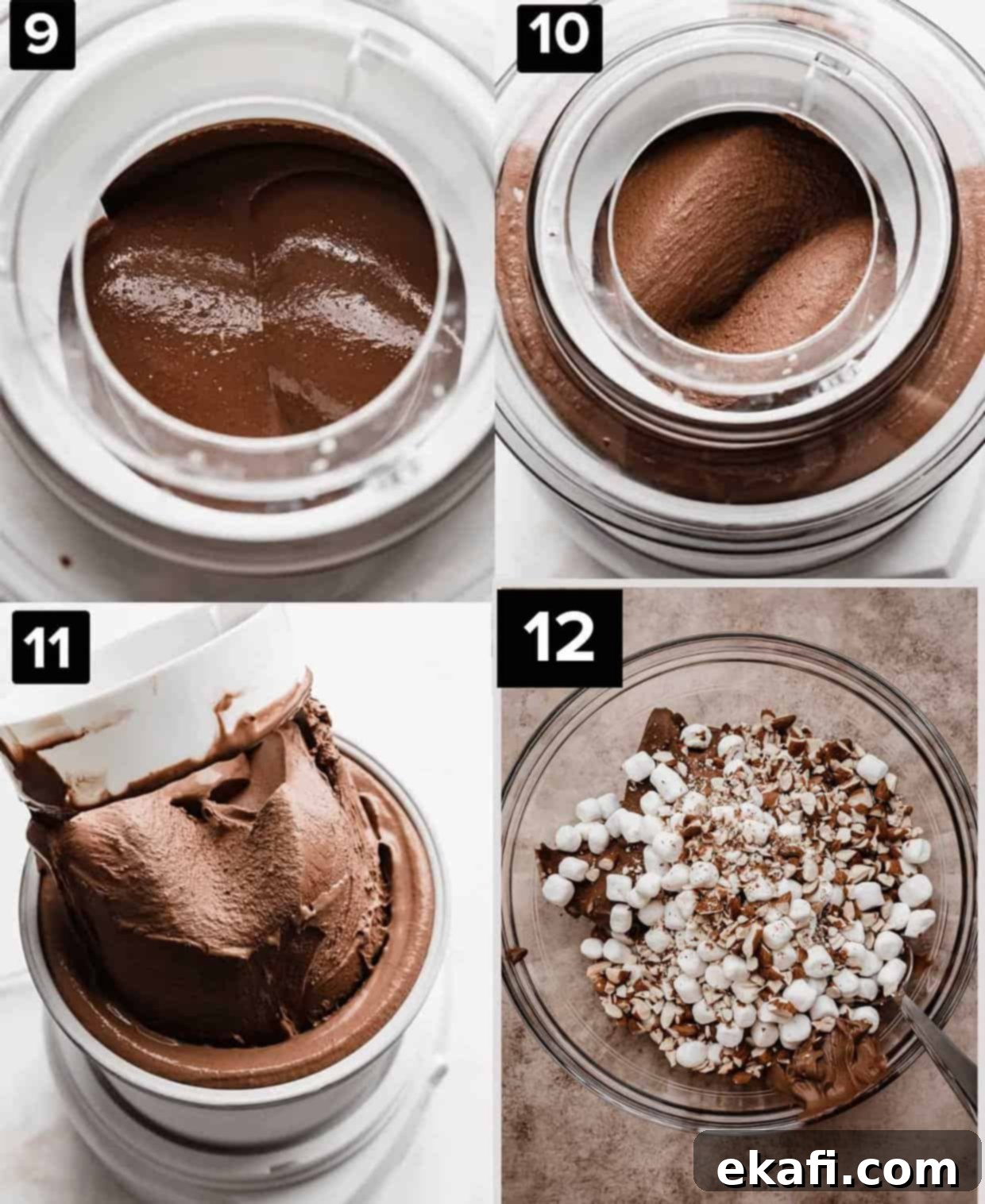 Easy Homemade Rocky Road Ice Cream 7 Four photos showing how to make Rocky Road Ice Cream: chocolate ice cream base being churned in an ice cream machine (top left and right images), churned chocolate ice cream (bottom left), marshmallows and chopped almonds in a glass bowl (bottom right).