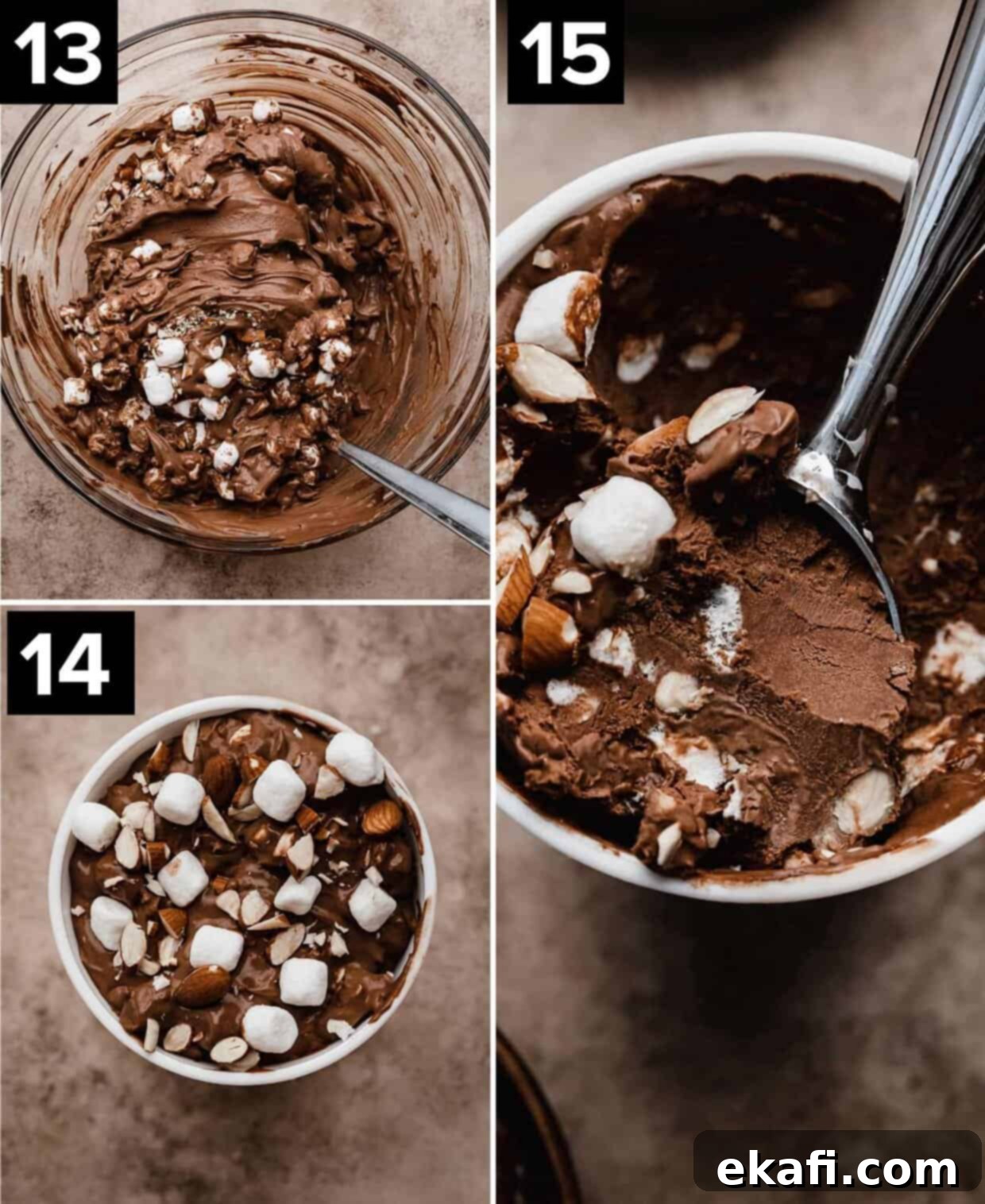 Easy Homemade Rocky Road Ice Cream 8 Three photos showing how to make the best Rocky Road Ice Cream Recipe: marshmallow and almonds mixed into a chocolate custard base in a glass bowl, Rocky Road Ice Cream in a round freezer safe container (bottom image), a cookie scoop scooping out rocky road ice cream with mini marshmallows and almonds mixed into the ice cream (far right image).