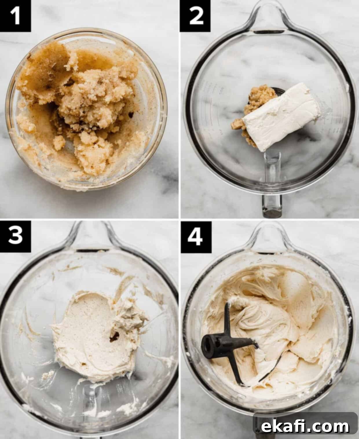 Golden Brown Butter Cream Cheese Frosting 4 Four photos showing the process of how to make easy browned butter cream cheese frosting using a block of cream cheese: brown butter in bowl (top left), cream cheese and butter in glass bowl (top right), creamed butter and cheese (bottom left), whipped browned butter cream cheese frosting in glass bowl (bottom right).