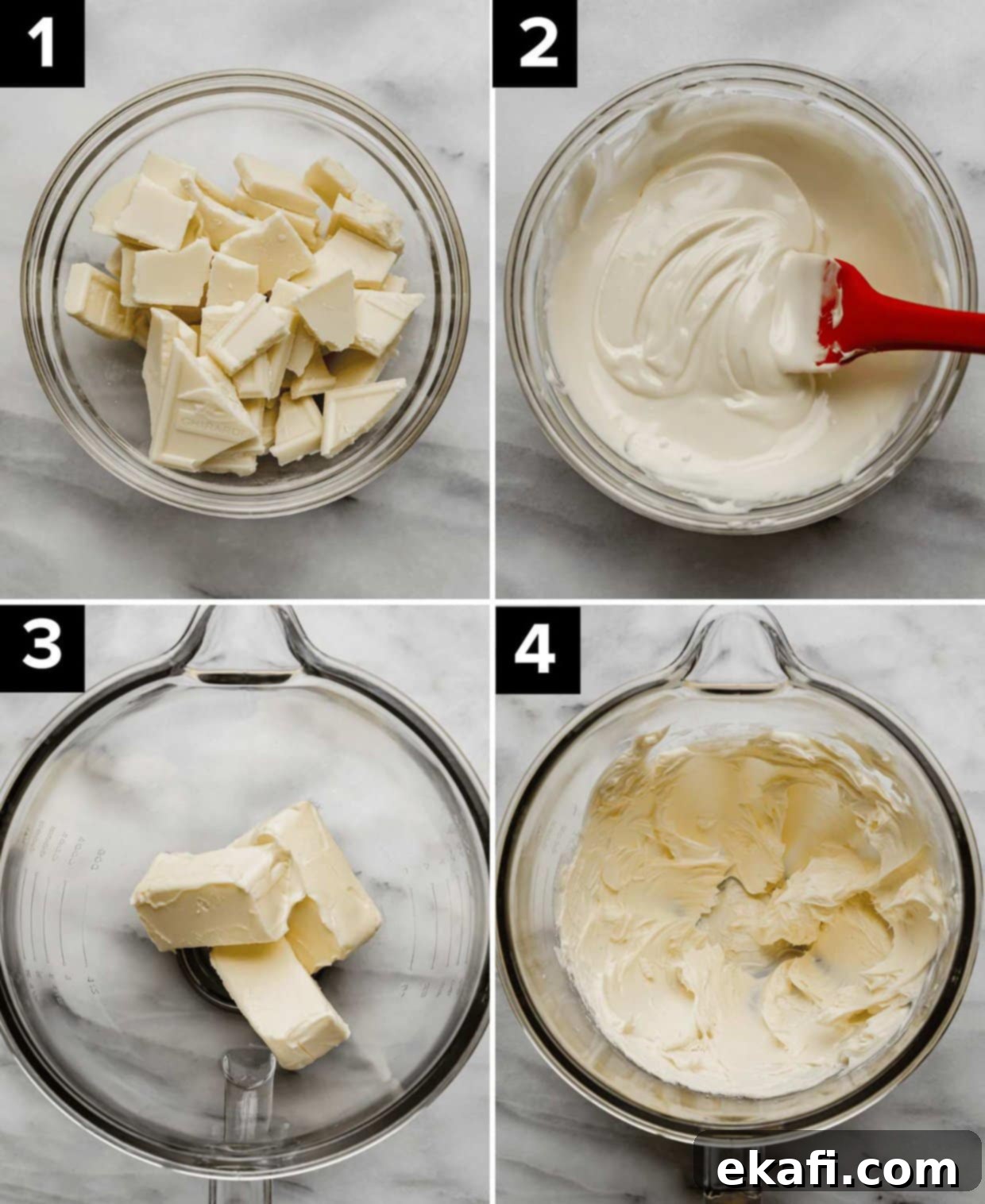 Luscious White Chocolate Frosting 4 A collage of four step-by-step photos illustrating the initial stages of making white chocolate buttercream frosting: raw white chocolate in a glass bowl, perfectly melted white chocolate, softened butter in a mixer bowl, and finally, butter whipped to a light, airy consistency.