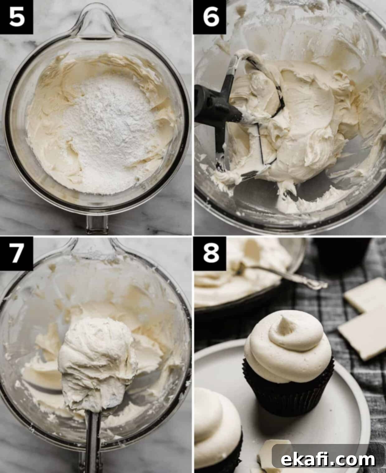 Luscious White Chocolate Frosting 5 A visual guide in four steps: powdered sugar being added to whipped butter, fluffy white chocolate frosting in a mixer bowl, a spatula perfectly balanced with a dollop of creamy frosting, and finally, a beautifully frosted Oreo cupcake adorned with white chocolate buttercream.