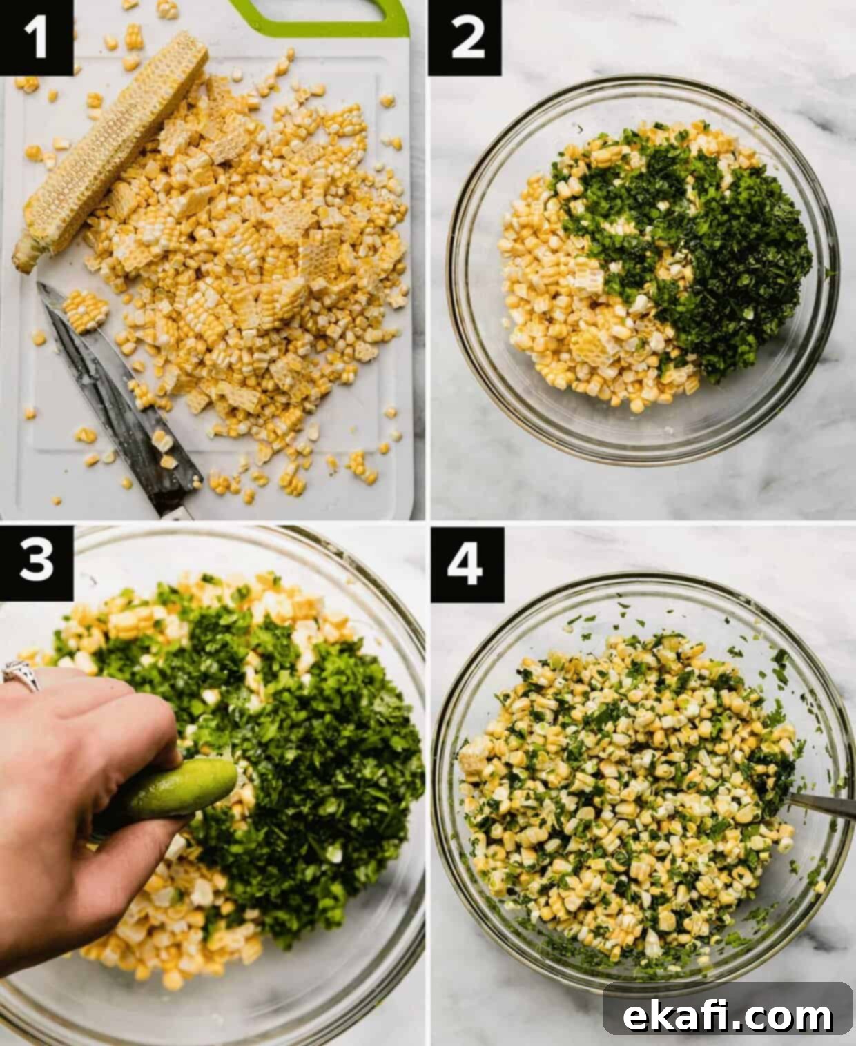 Summer Corn Salsa 4 Four photos showing how to make the best fresh corn salsa recipe: corn cut off the cob on a cutting board (top left), glass bowl filled with corn and cilantro and jalapeños (top right), fresh lime squeezed into corn salsa (bottom left), fresh corn salsa recipe in a glass bowl (bottom right).
