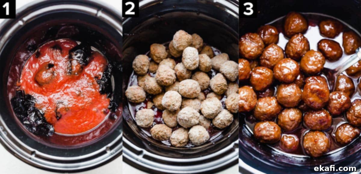 Sweet and Tangy Slow Cooker Meatballs 4 Three images showing a black crock pot with chili sauce and grape jelly, frozen meatballs, then cooked Grape Jelly Meatballs in the slow cooker.