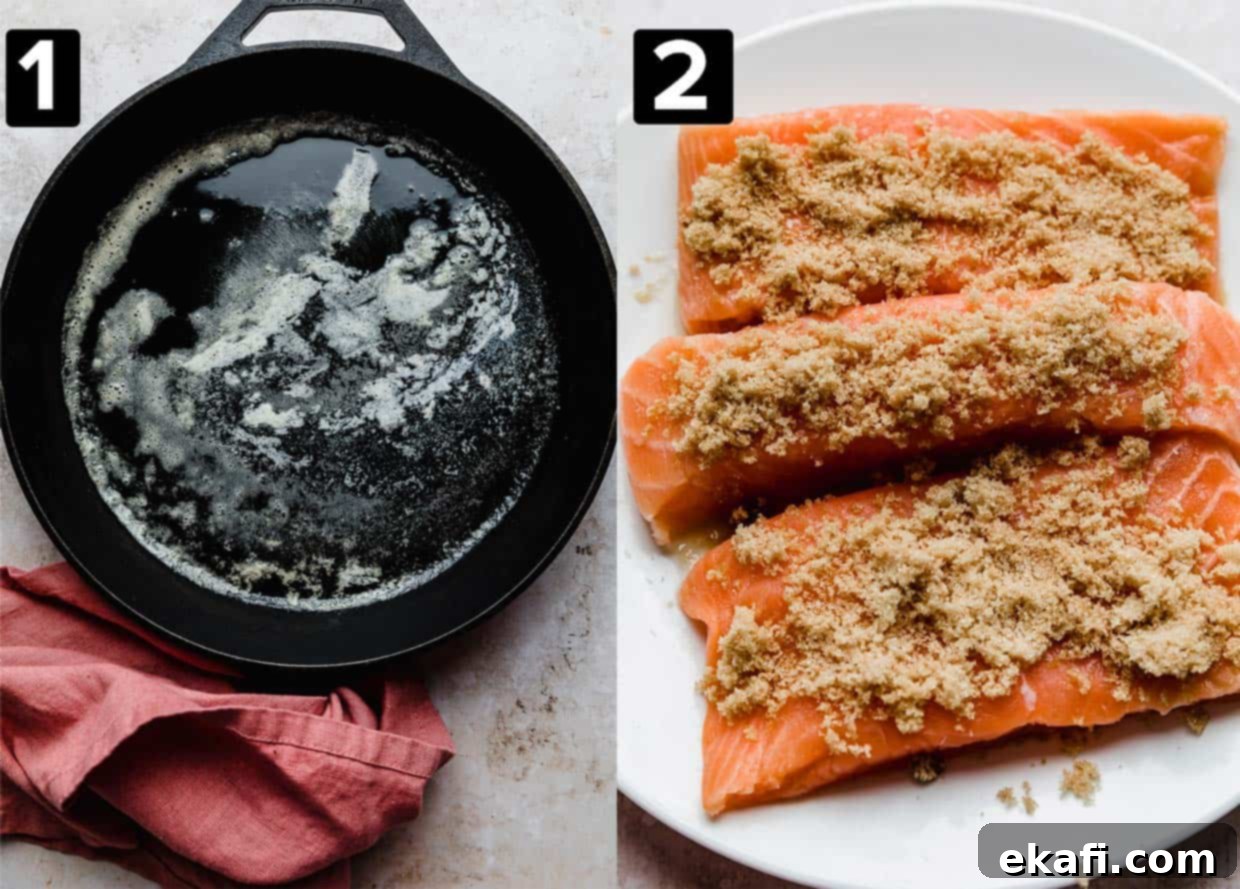 Caramelized Brown Sugar Salmon 4 Two side-by-side photos illustrating the initial steps of preparing brown sugar crusted salmon. The left image shows melted butter in a black cast iron pan, ready for cooking. The right image displays raw salmon fillets neatly arranged, with a generous sprinkle of brown sugar over their tops, awaiting the skillet.