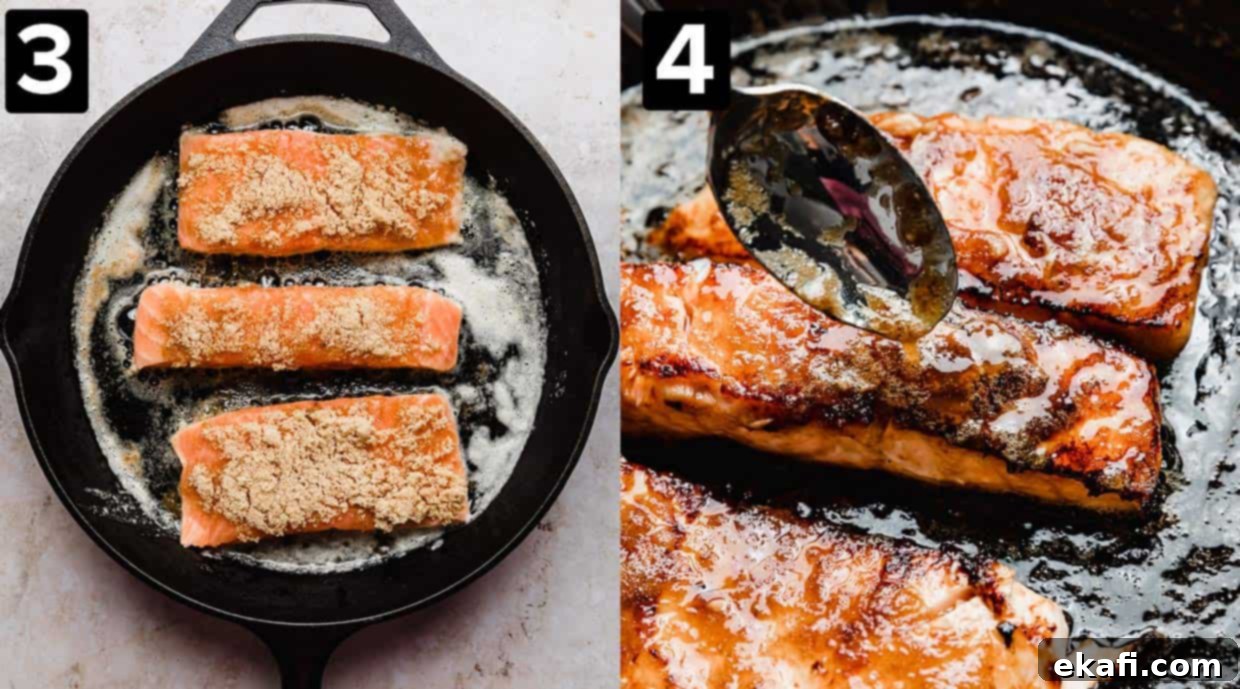 Caramelized Brown Sugar Salmon 5 Two photos showcasing the cooking process of brown sugar crusted salmon. The left image shows salmon fillets searing in a black skillet, developing a rich crust. The right image captures a spoon delicately drizzling the melted butter and brown sugar glaze over the top of the cooking salmon, enhancing its sweet sheen.