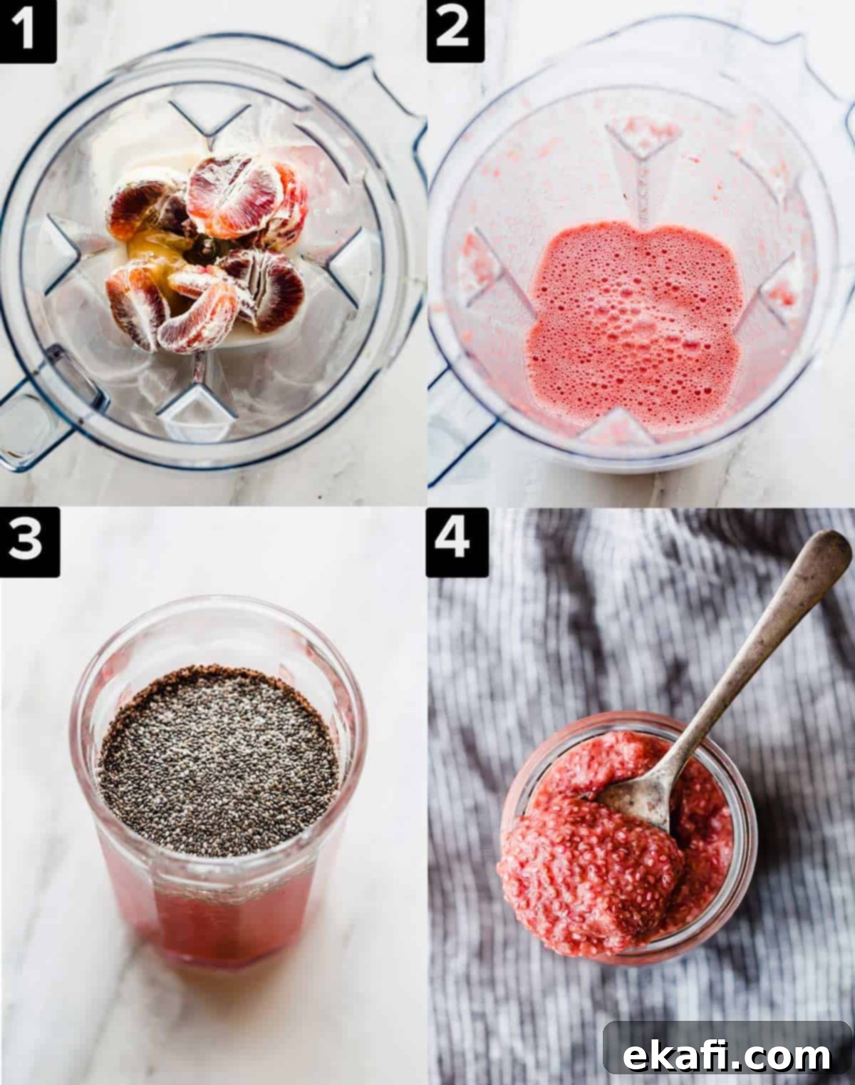Zesty Blood Orange Chia Pudding 3 Four images showing how to make Blood Orange Chia Pudding.