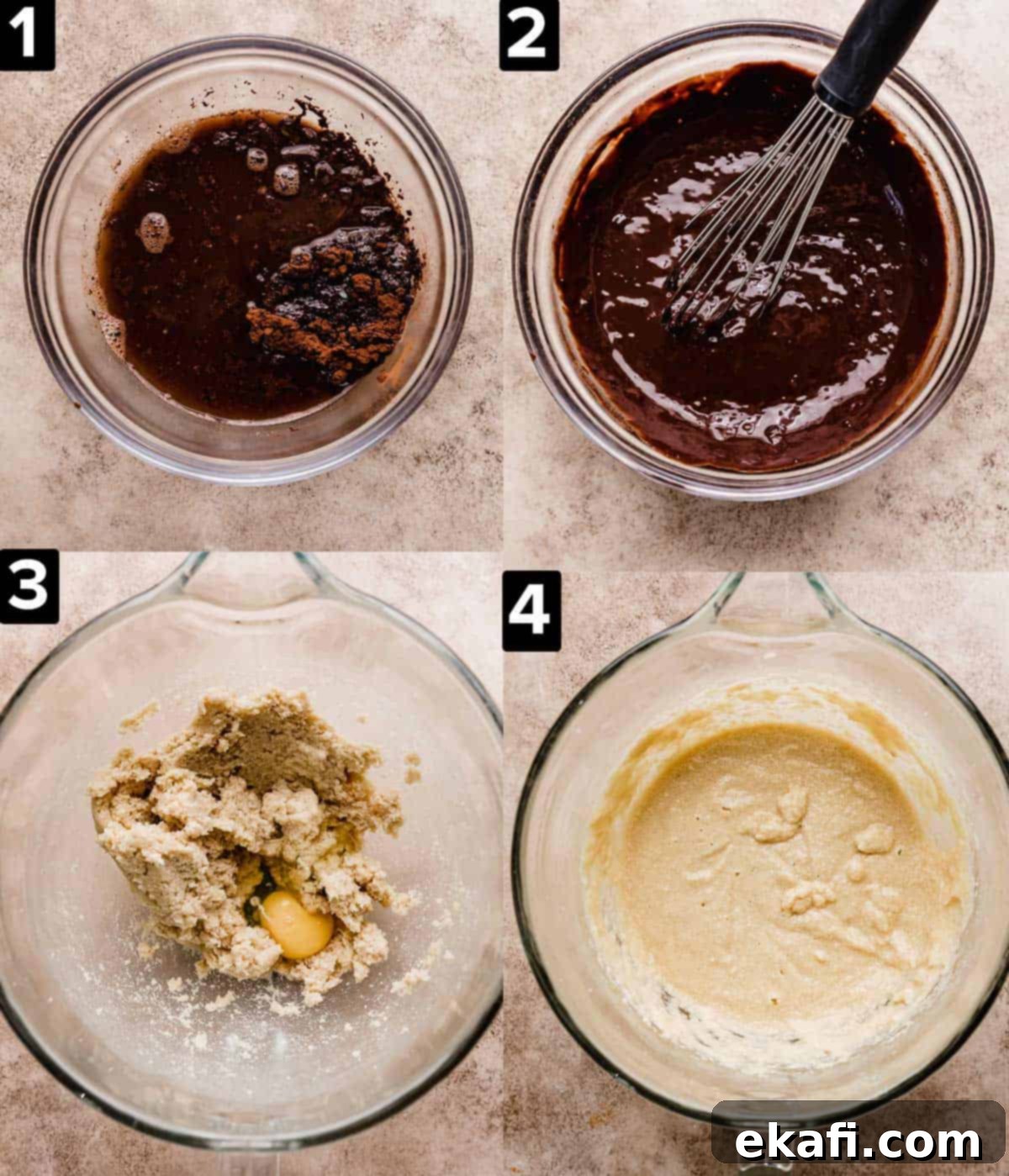 Decadent German Chocolate Creation 4 Top left photo is glass bowl with hot water, chopped chocolate and cocoa. Top right photo is a whisk stirring a melted chocolate mixture. Bottom left photo is creamed sugar and butter with an egg. Bottom right photo is a light yellow mixture in glass bowl.