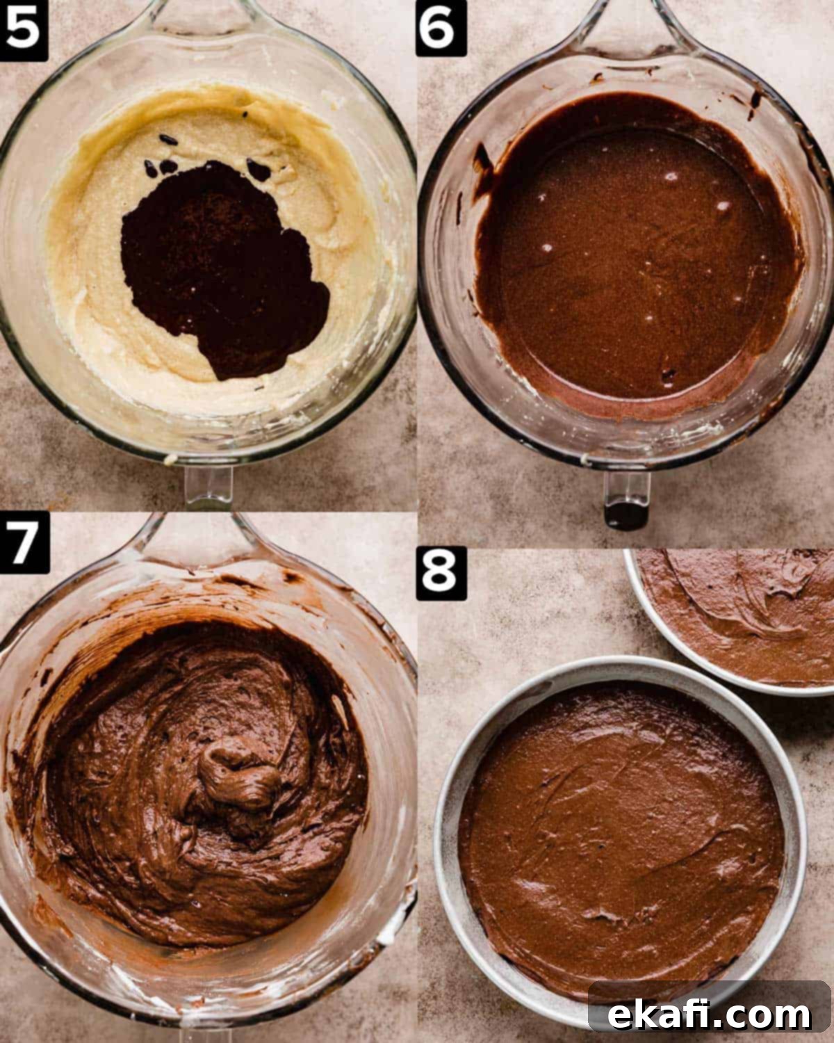 Decadent German Chocolate Creation 5 Top left image is yellow mixture in a glass bowl with melted chocolate overtop. Top right image is a brown wet ingredients to make Traditional German Chocolate Cake in a glass bowl. Bottom left image is Traditional German Chocolate Cake batter in a glass bowl. Bottom right image is Traditional German Chocolate Cake batter in a circle pan.
