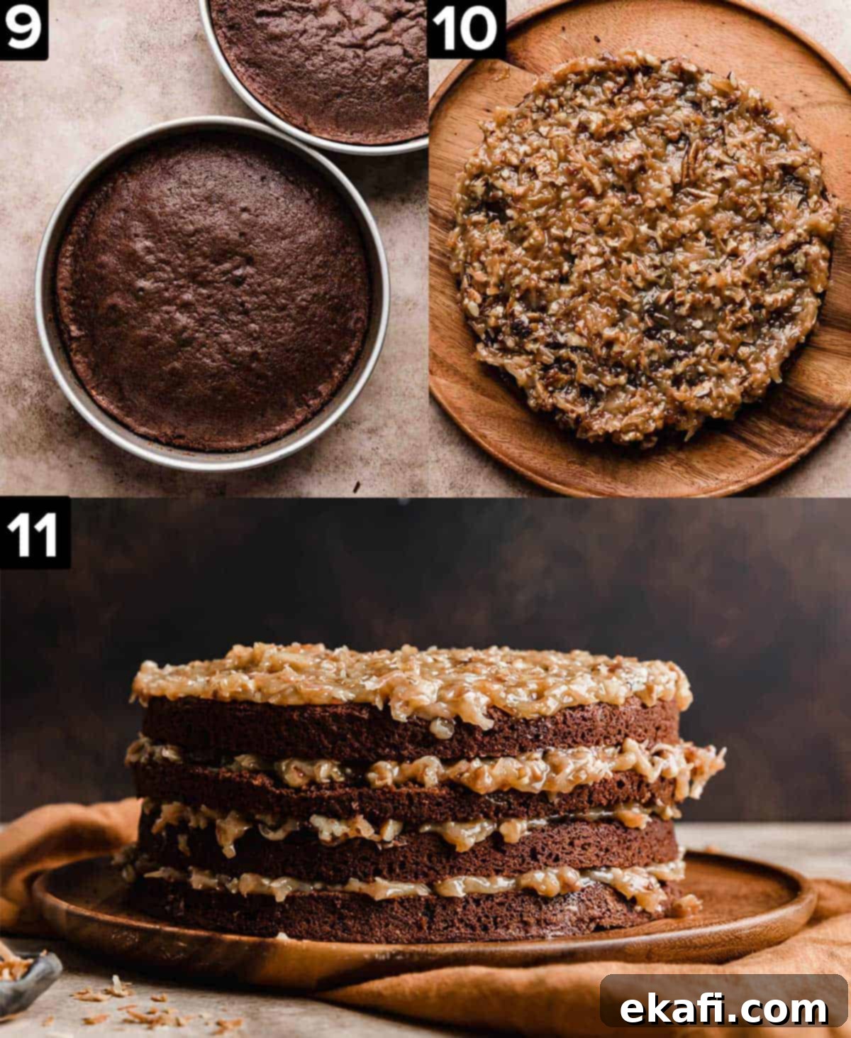 Decadent German Chocolate Creation 6 Top left image is of two baked Traditional German Chocolate Cakes in a cake pan. Top right image is coconut pecan frosting on top of a chocolate cake round. Bottom image is four layer traditional Traditional German Chocolate Cake on a brown cake plate.