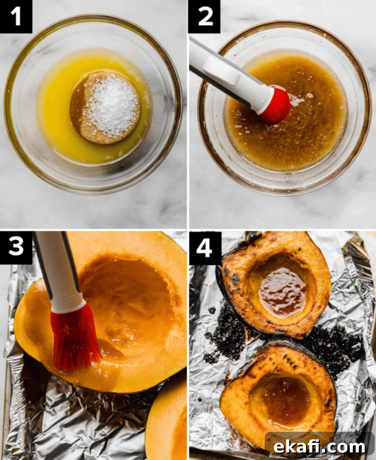 Caramelized Brown Sugar Acorn Squash 4 Four photos showing the process of how to make the best brown sugar roasted acorn squash recipe, top left image is butter, brown sugar and salt in a glass bowl, top right image shows the brown sugar butter mixture being mixed, bottom left photo is a pastry brush spreading the brown sugar mixture over acorn squash flesh, bottom right image is final photo of roasted acorn squash on a baking sheet.