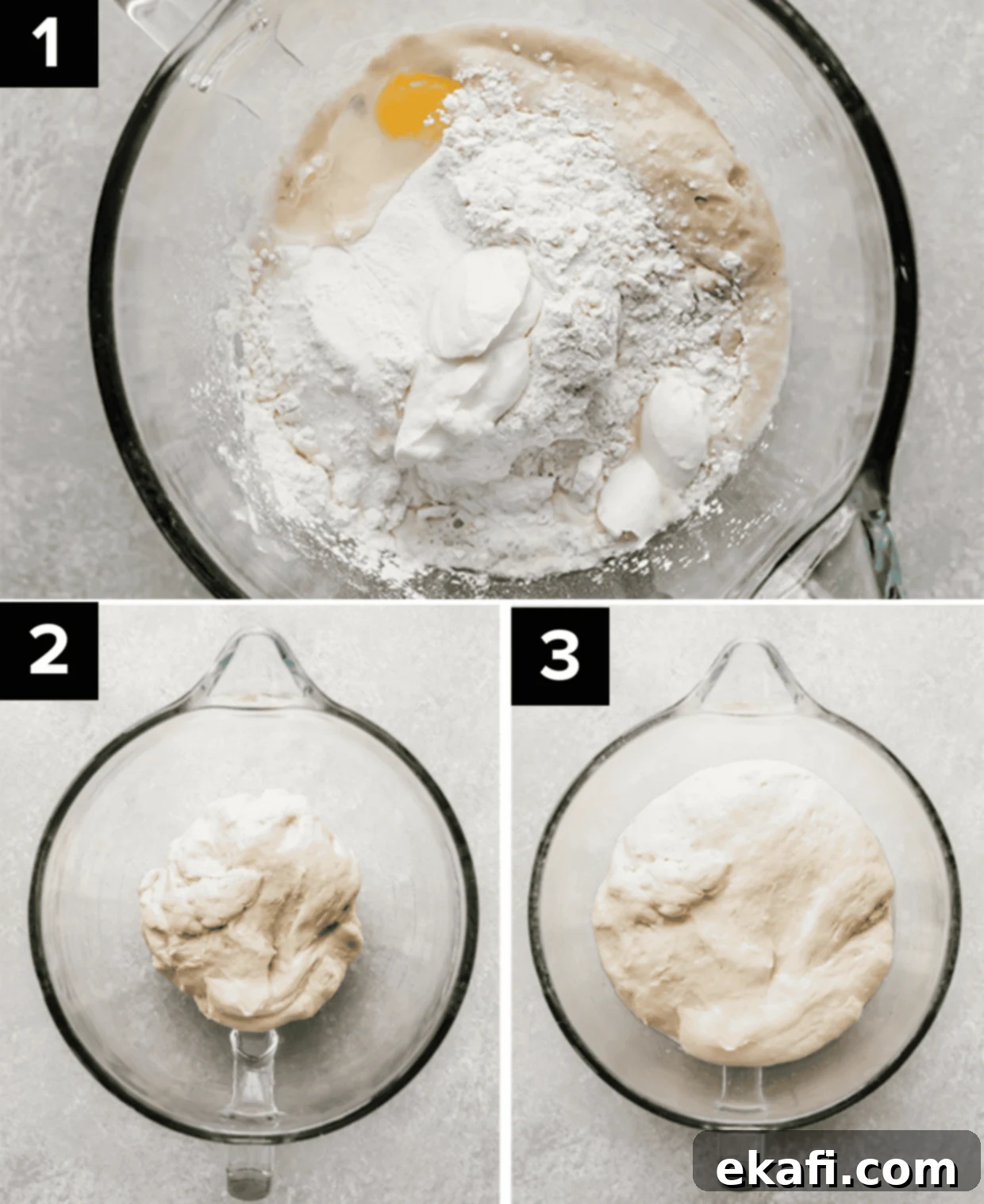 Pillowy Greek Yogurt Naan 4 Three images showing how to make yogurt naan dough in a glass mixing bowl on a light gray background, highlighting the various stages of dough preparation for homemade naan.