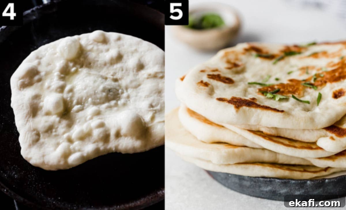 Pillowy Greek Yogurt Naan 5 Two images, left image is Greek Yogurt Naan Bread cooking on a cast iron skillet, right image is a stack of fluffy naan bread topped with chopped cilantro for garnish.