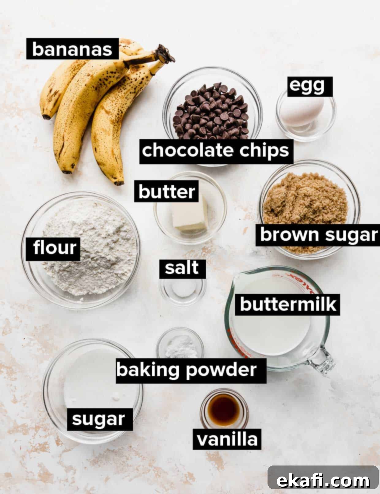 Velvet Banana Chocolate Chip Muffins 3 Ingredients used to make buttermilk banana chocolate chip muffins.