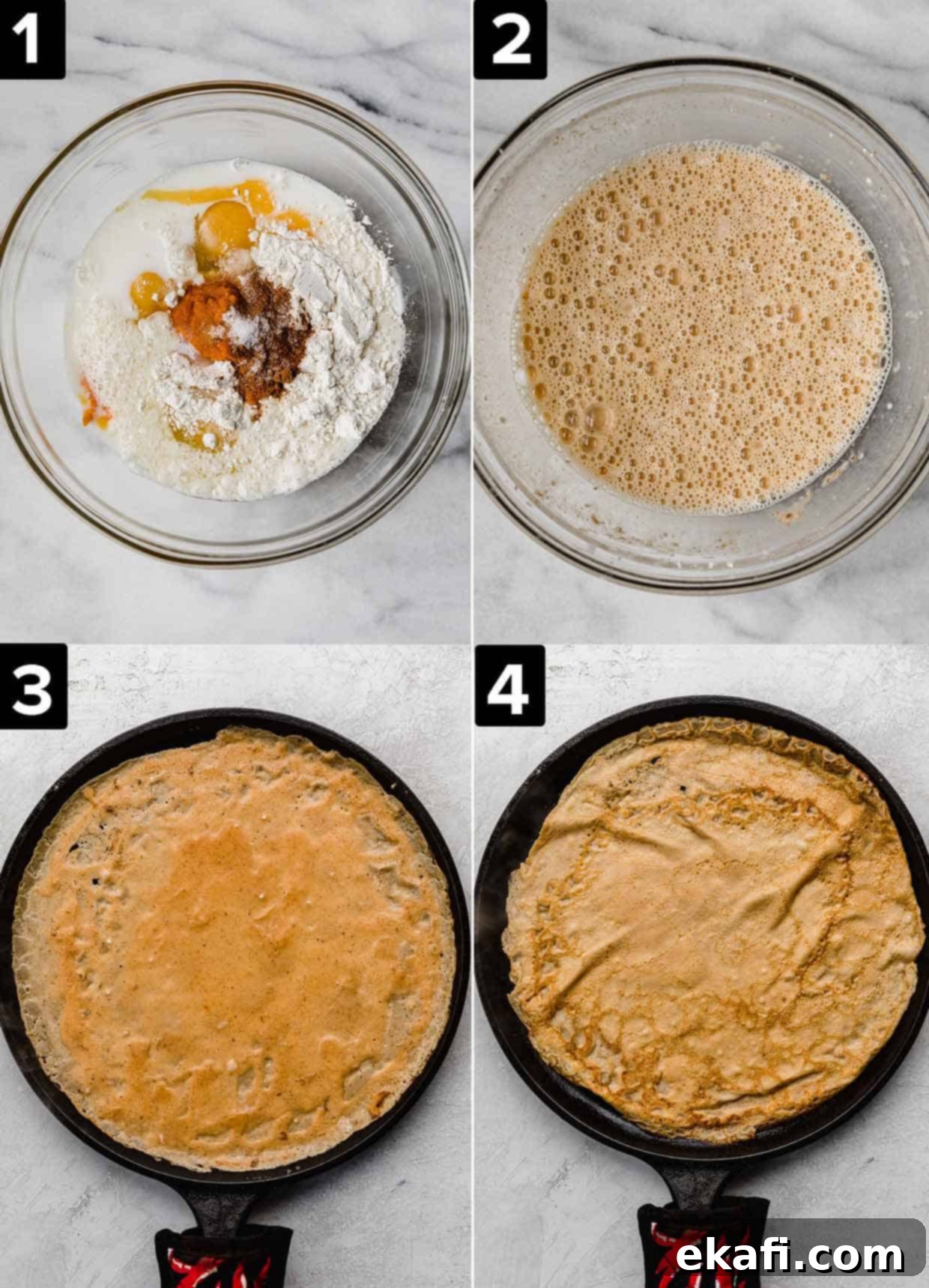 Autumn Pumpkin Crepes 4 Four photos showing how to make pumpkin crepes, photos from top left to bottom right: ingredients in glass bowl, pumpkin crepe batter in glass bowl, pumpkin crepe on black skillet, golden cooked crepe on skillet.