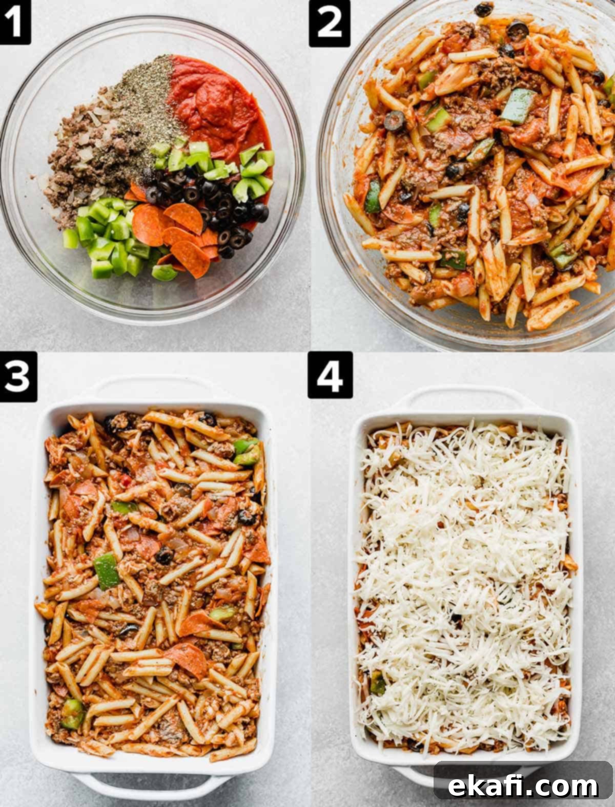 Pizza, Reimagined 4 A series of four sequential images demonstrating the process of making a Deconstructed Pizza Casserole, from combining ingredients to baking.