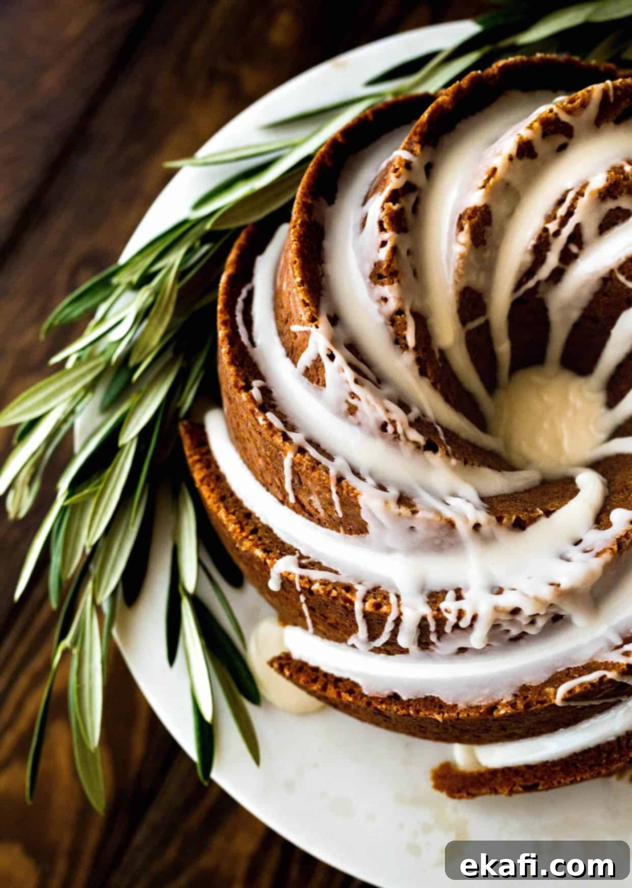 Spiced Gingerbread Bundt Delight 2 Top view of a festive gingerbread bundt cake generously drizzled with a smooth maple glaze, decorated for the holidays.