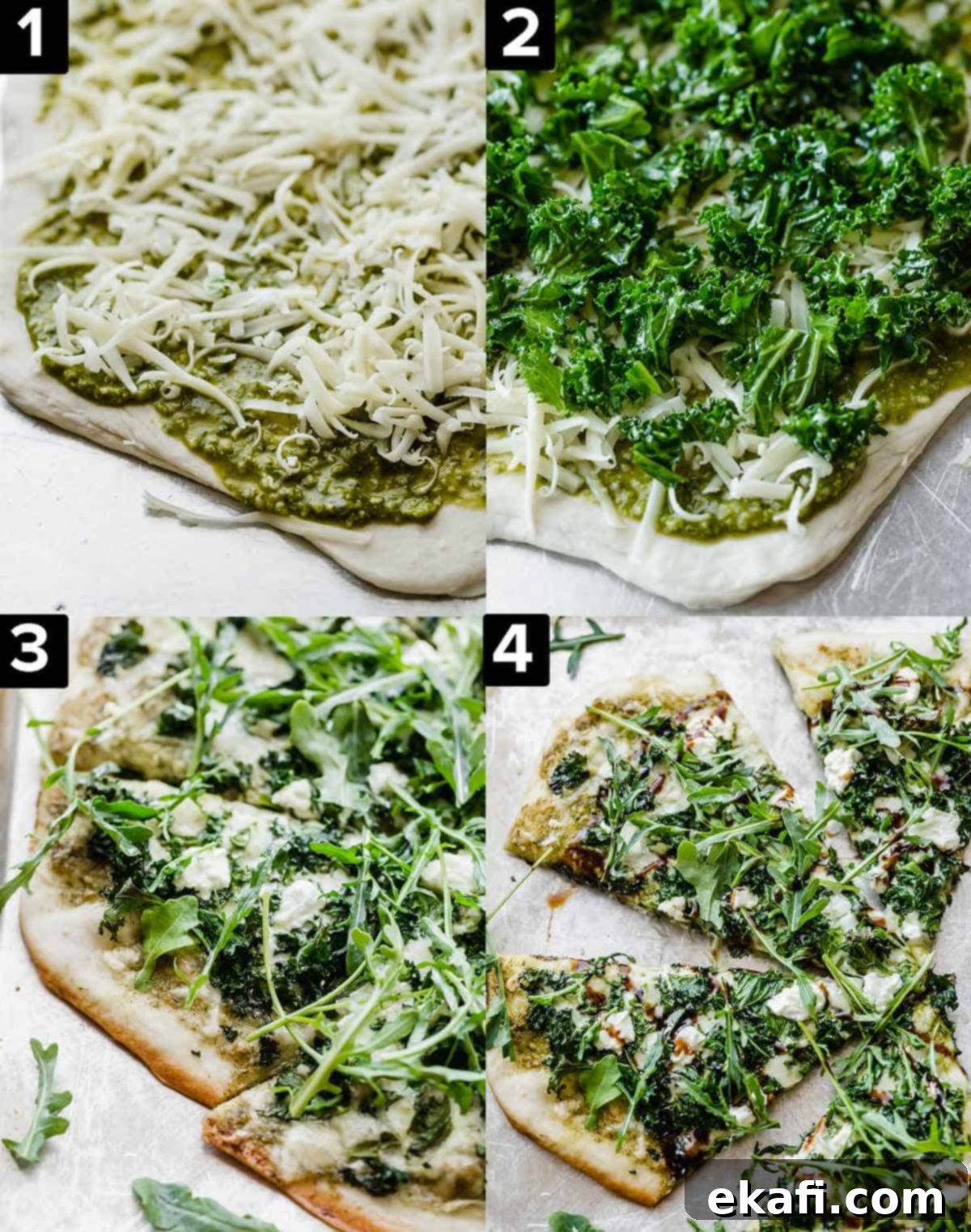 Citadel Pizza 4 A four-panel image illustrating the step-by-step process of preparing a kale pizza, from rolling the dough to topping with fresh ingredients.