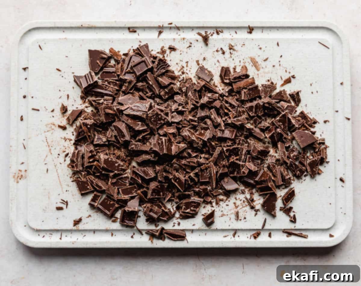 Decadent Chocolate Buttercream 4 Finely chopped semi-sweet chocolate waiting to be melted for the chocolate buttercream frosting.