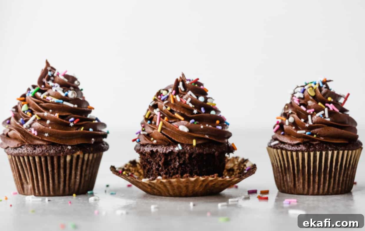 Irresistibly Rich Chocolate Cupcakes 2 A row of three chocolate frosting topped chocolate cupcakes.