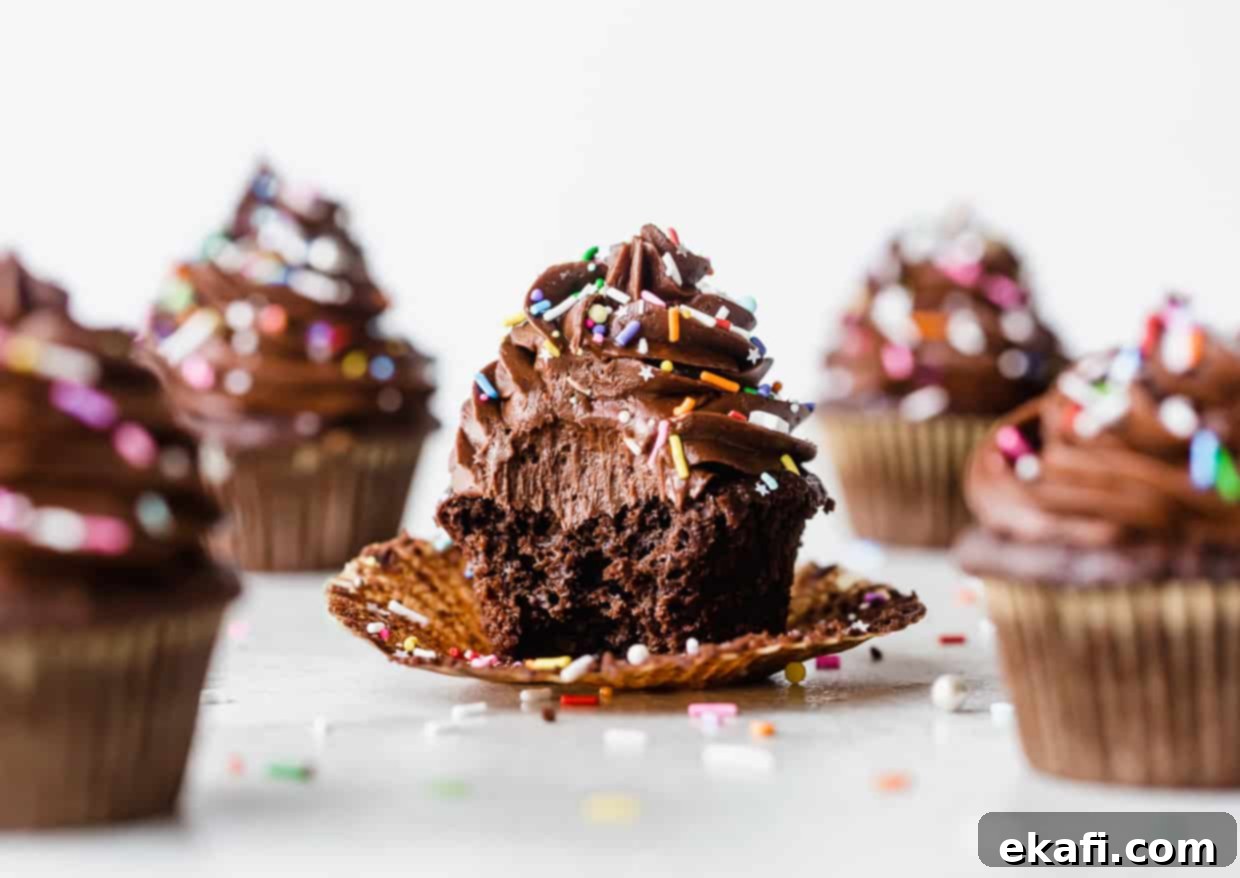 Irresistibly Rich Chocolate Cupcakes 9 The Best Chocolate Cupcakes topped with chocolate buttercream and colorful sprinkles on a white background.