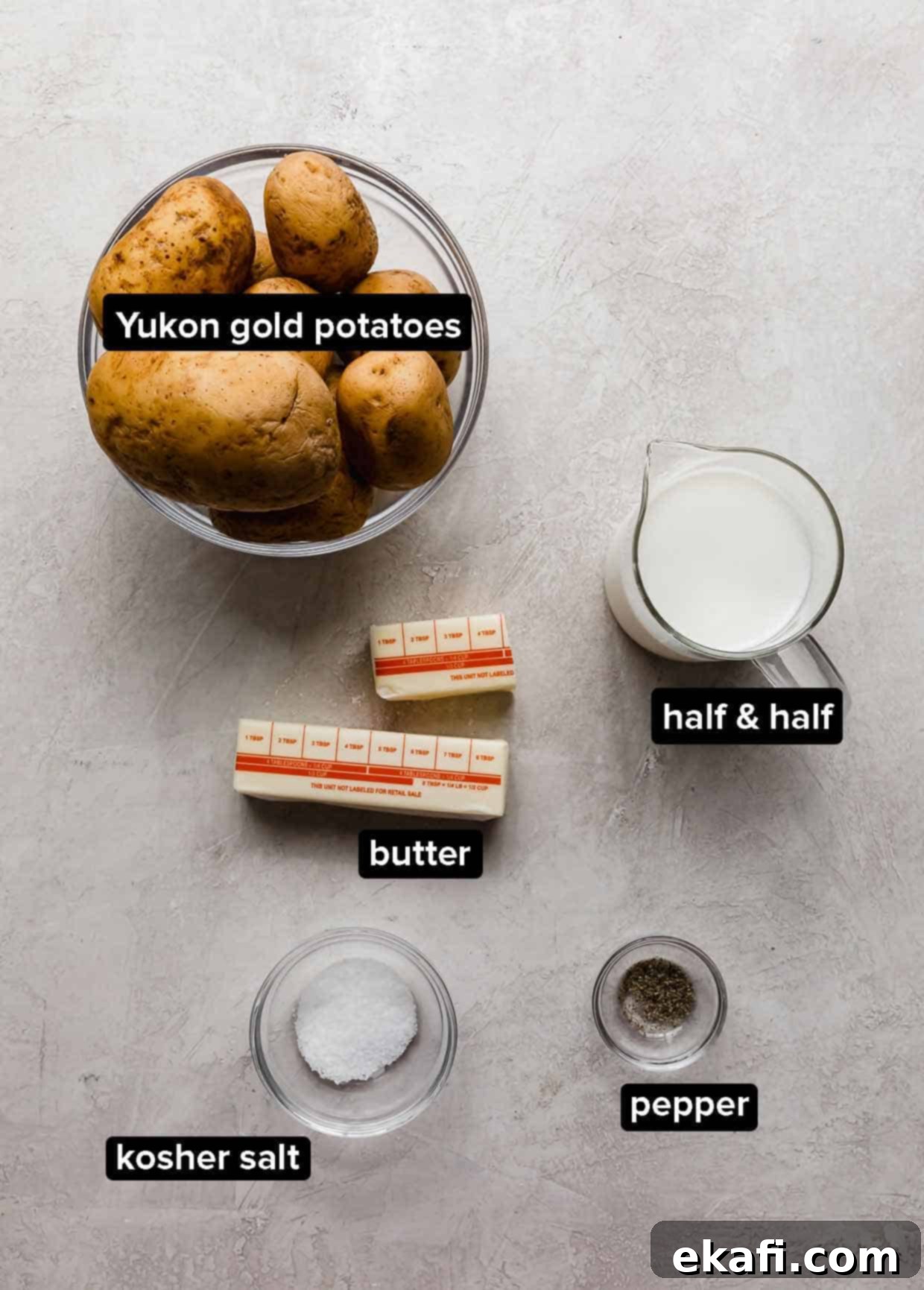 Velvety Half-and-Half Potatoes 3 Mashed Potatoes with half and half ingredients: Yukon gold potatoes, half and half, butter, kosher salt, and pepper.