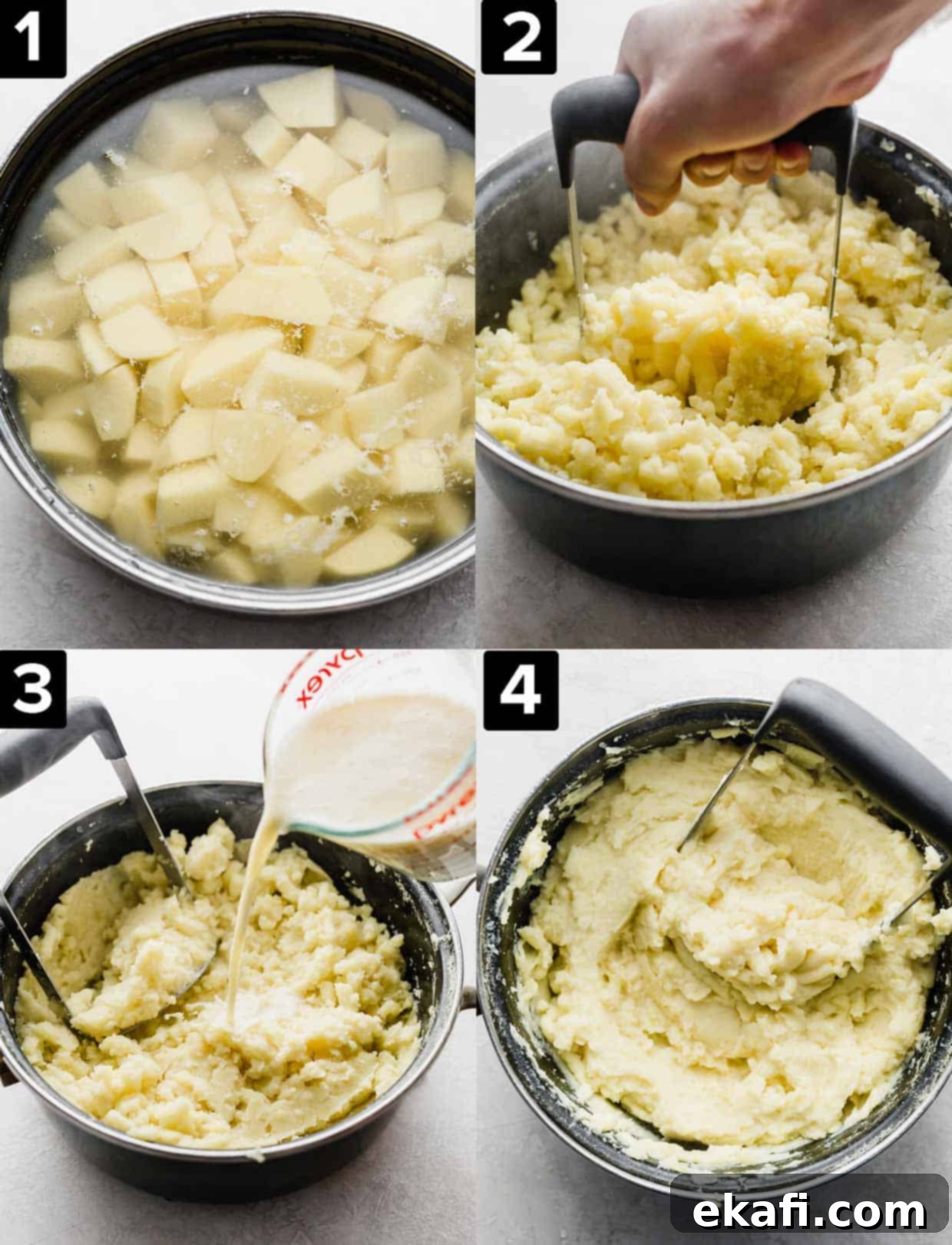 Velvety Half-and-Half Potatoes 4 Four photos showing how to make the best homemade mashed potatoes with half and half, Yukon gold potatoes, and butter.