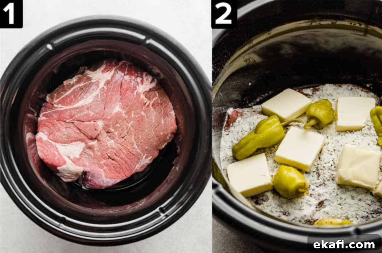 Southern Comfort Mississippi Pot Roast 4 Two images side by side, left image is a chuck roast in a black crockpot, right photo has seasonings and pepperoncini peppers and butter on top of the beef chuck roast.