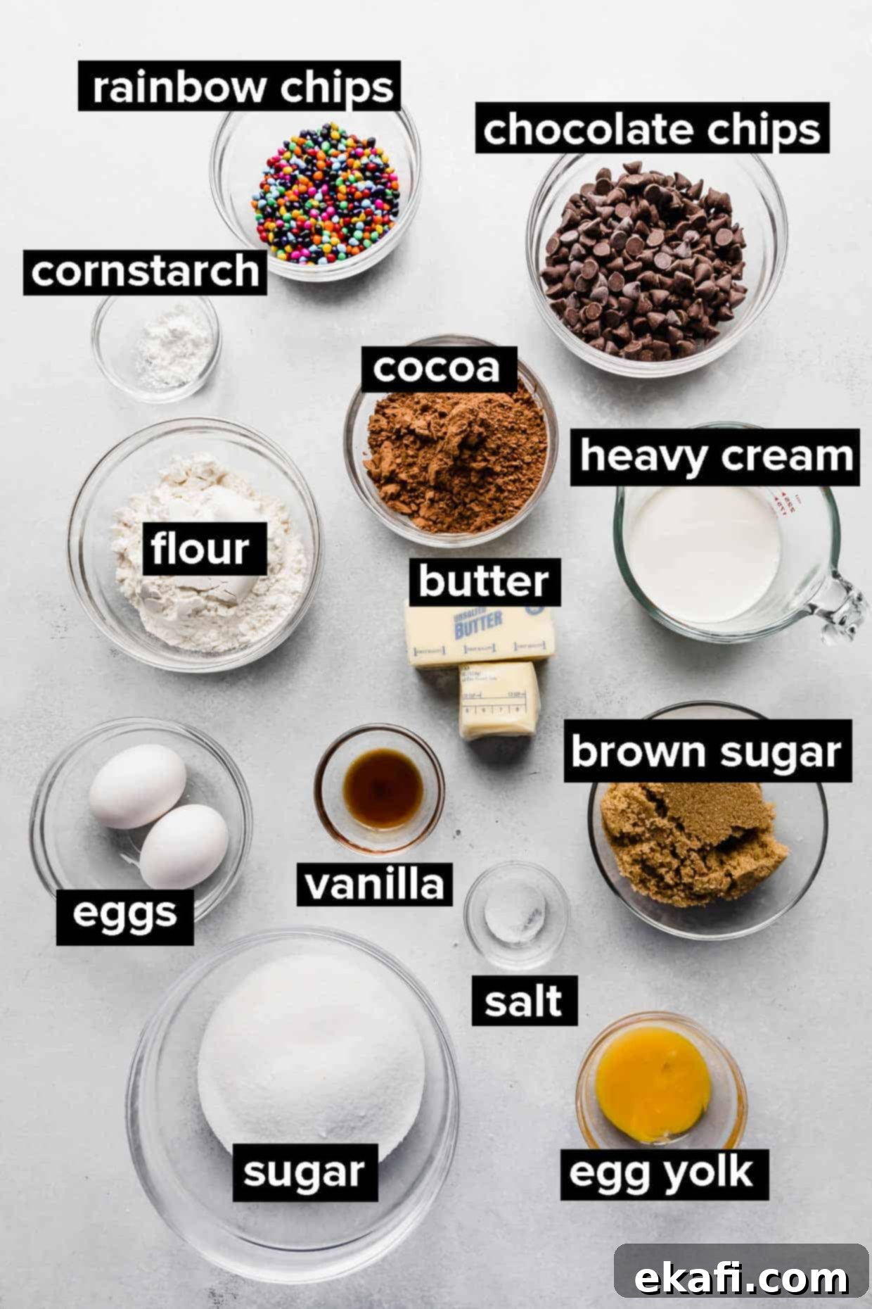 Stardust Brownies 3 All the ingredients laid out for making Cosmic Brownies, including sugars, butter, eggs, flour, cocoa, cornstarch, and chocolate chips for ganache.