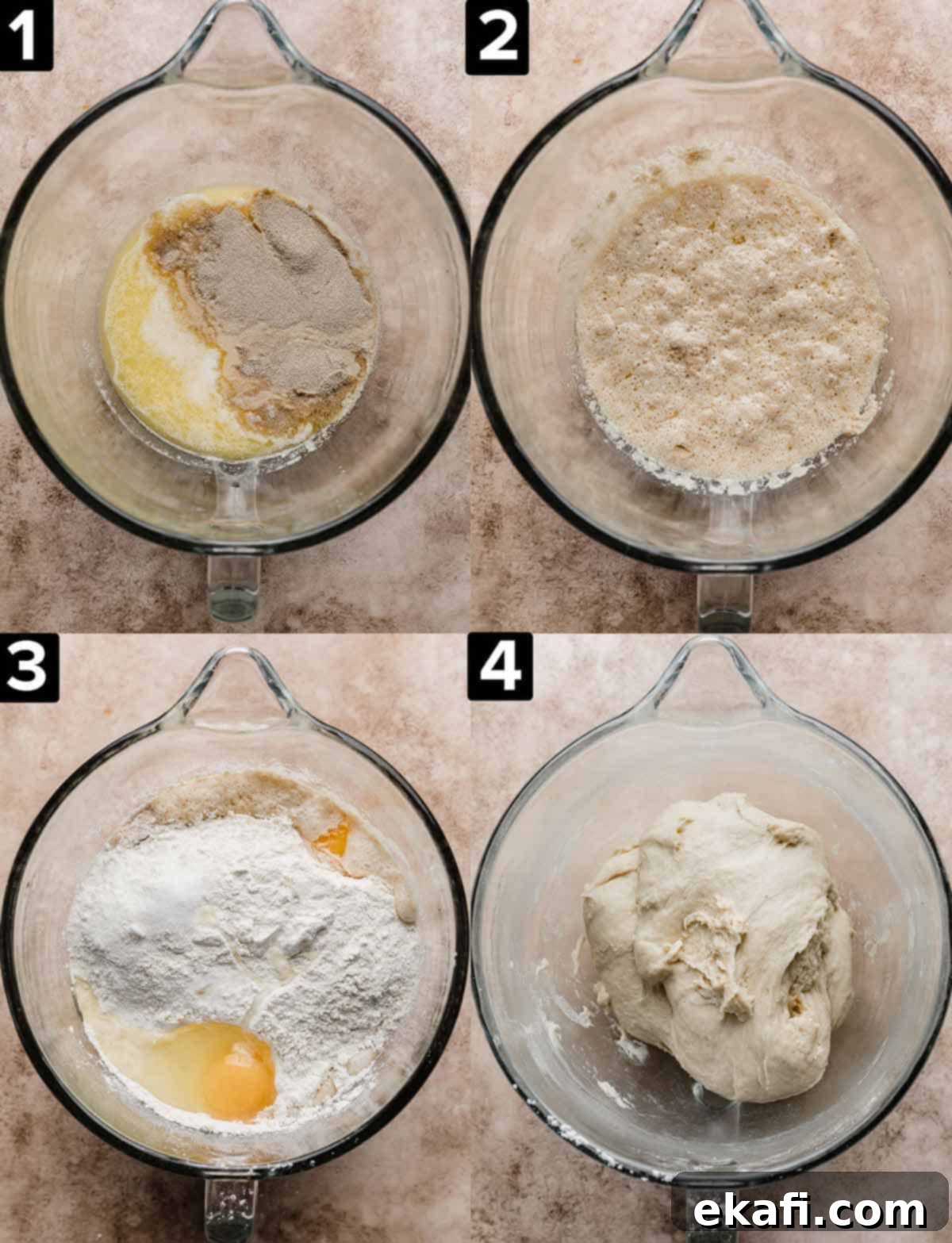 Delicious Homemade Cinnamon Rolls 6 Four separate images showing the process of how to make cinnamon rolls, each photo has a glass mixing bowl on a brown background, with different steps of making the dough.