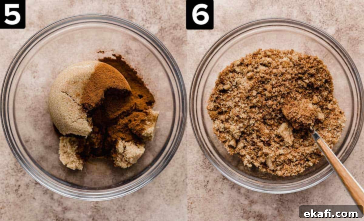 Delicious Homemade Cinnamon Rolls 7 Two photos, left photo has brown sugar and cinnamon in a glass bowl, right photo is a brown sugar and cinnamon mixture stirred together.