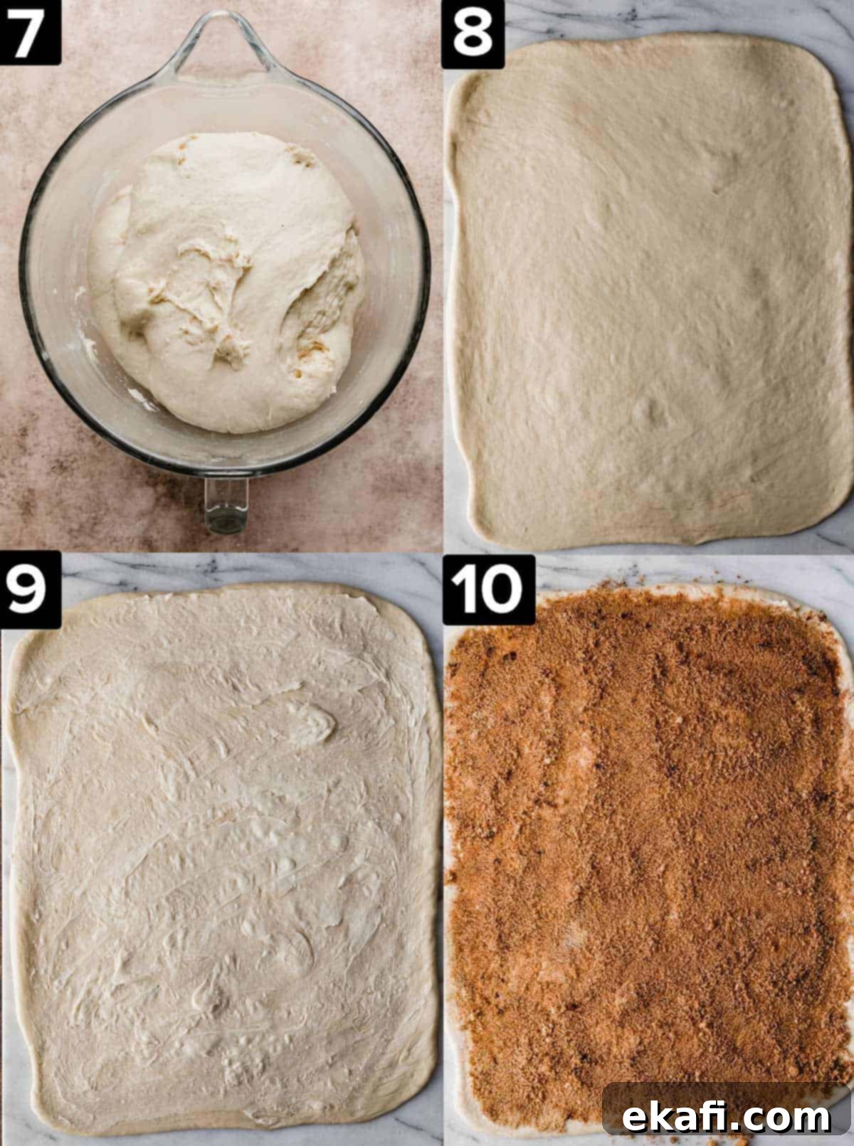 Delicious Homemade Cinnamon Rolls 8 A rectangle of cinnamon roll dough topped with softened butter and a cinnamon sugar mixture.