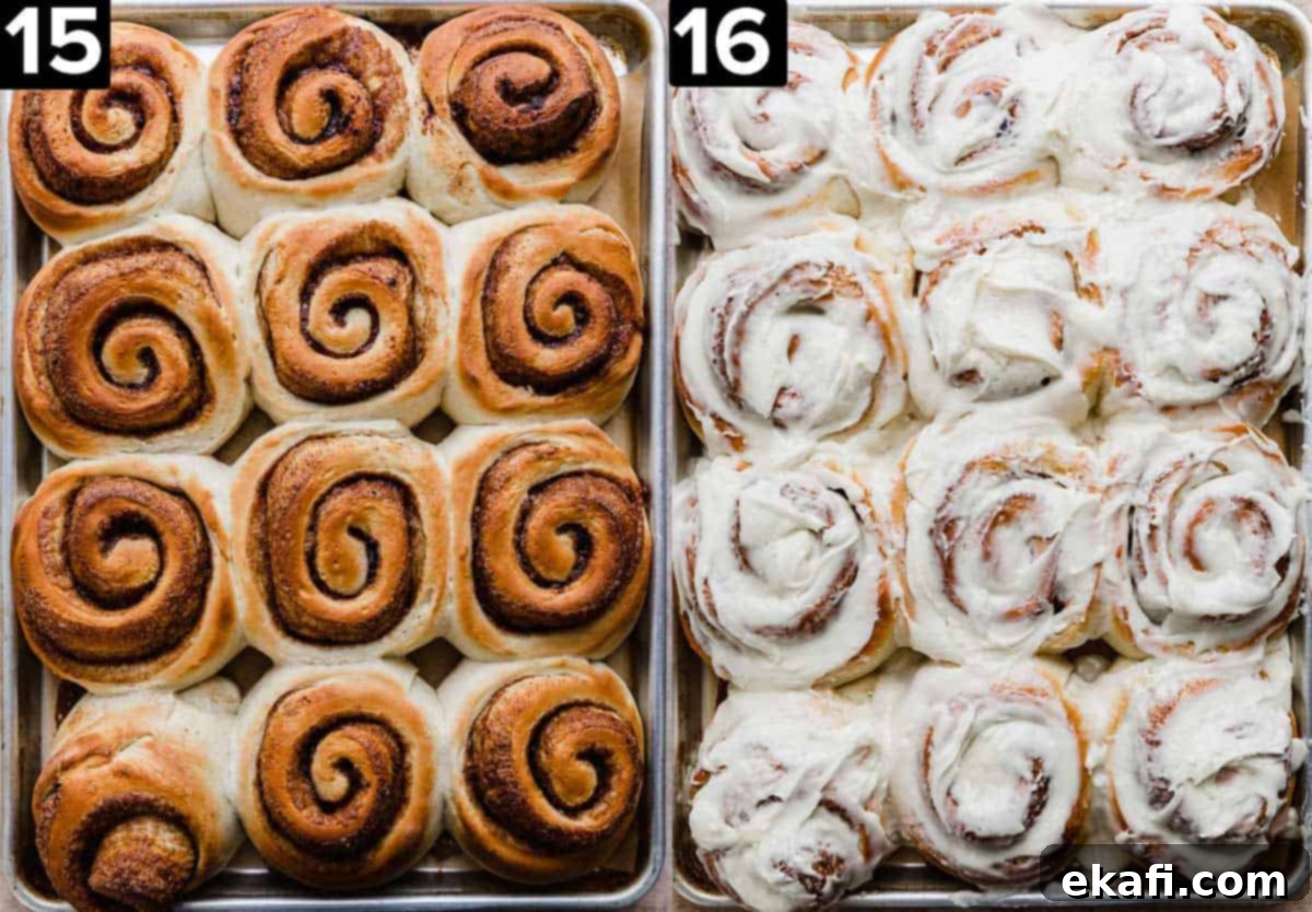 Delicious Homemade Cinnamon Rolls 10 Two side by side images, left photo is of baked easy cinnamon rolls, right photo is a vanilla frosting covered cinnamon rolls on a baking sheet.
