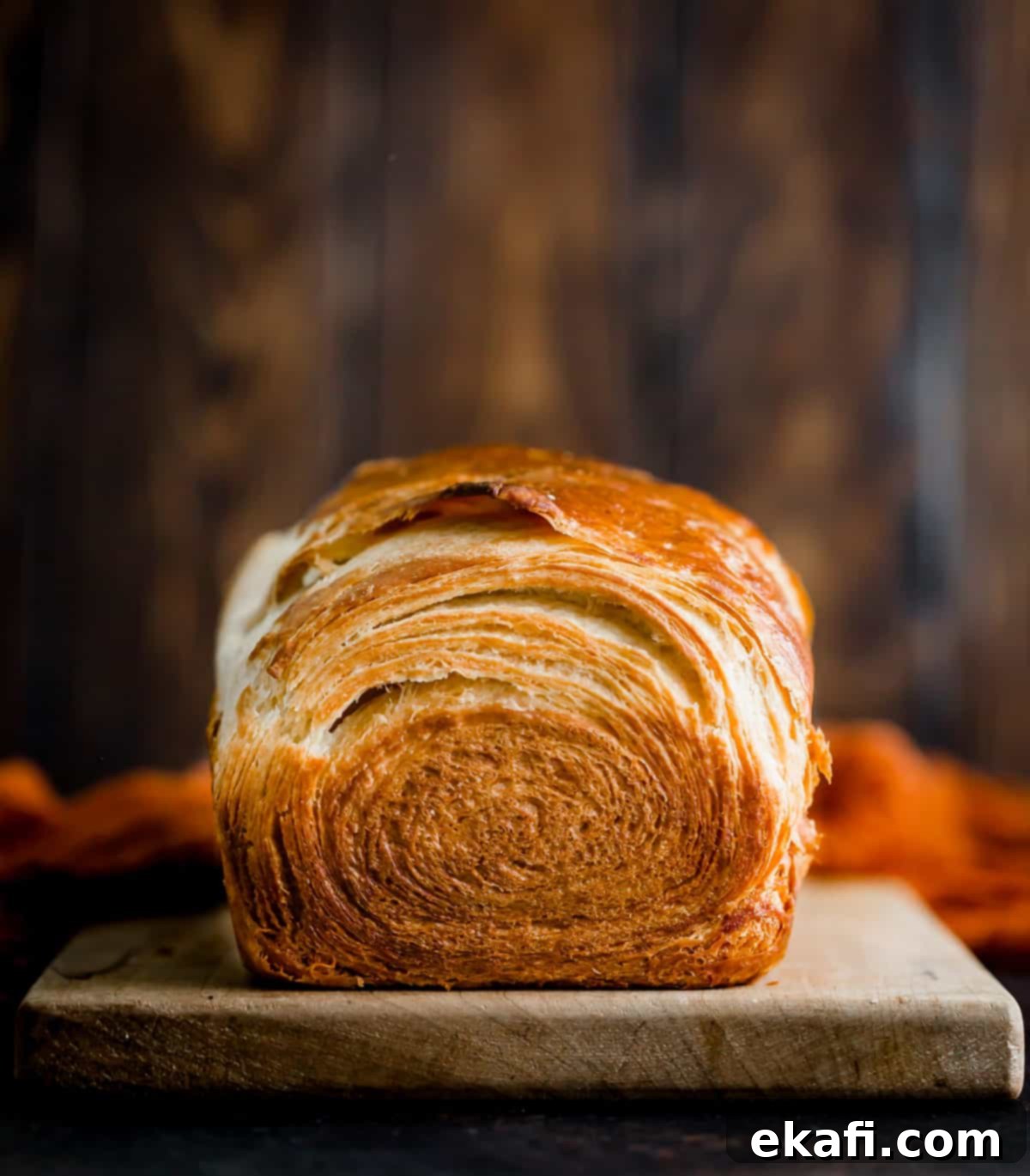 Pillowy Flaky Brioche 4 A freshly baked, golden-brown flaky brioche loaf resting against a dark wooden background, highlighting its rich texture.