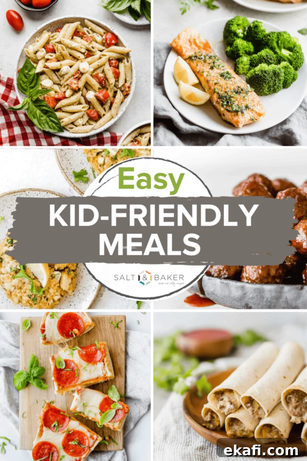 Happy Tummies Happy Kids 2 A vibrant collage of various kid-friendly dinner recipes, including French bread pizza, creamy pesto pasta, zesty lemon honey salmon, and crispy ground beef taquitos, showcasing delicious options for family meals.