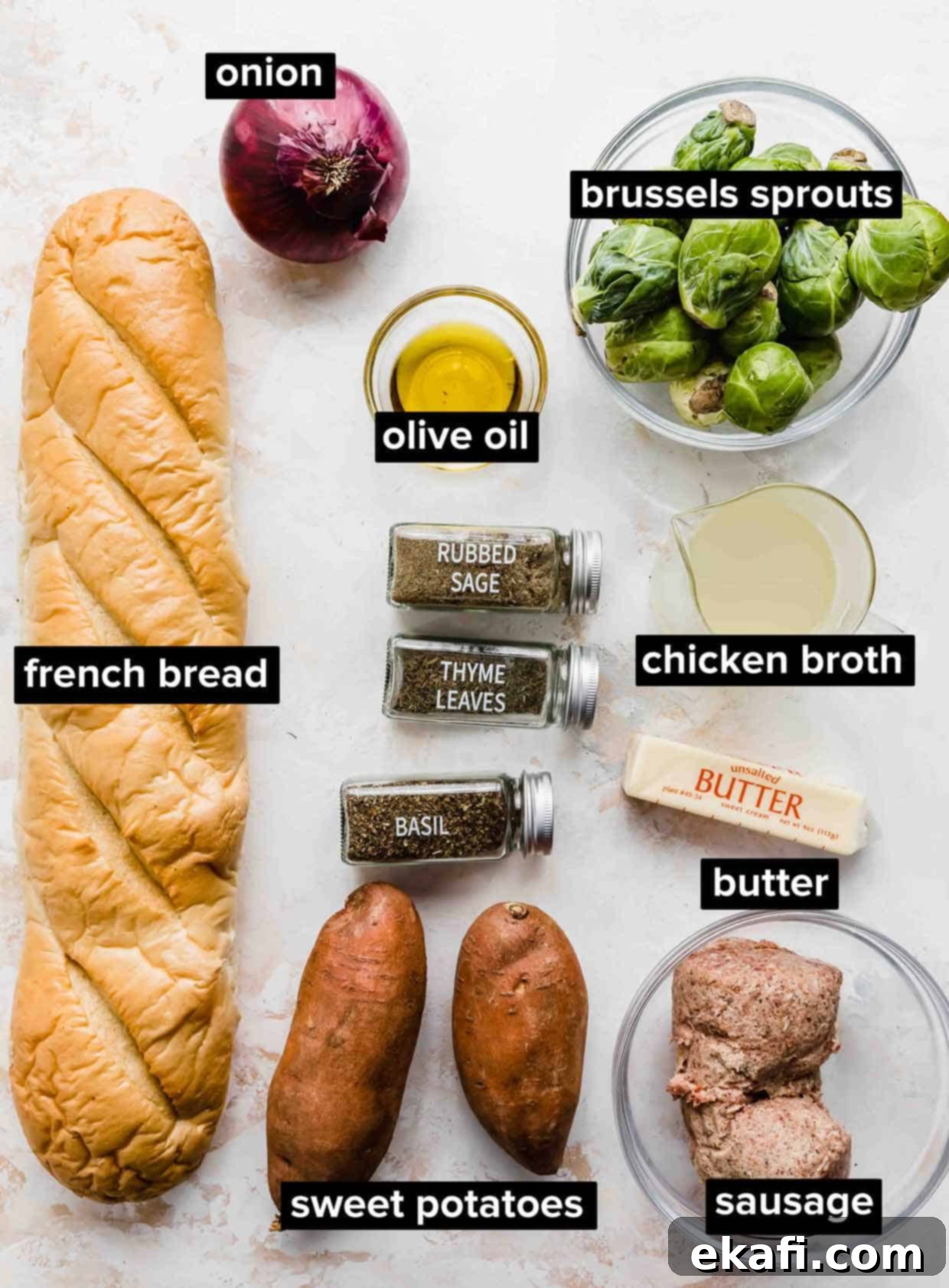 Savory Italian Sausage Dressing 3 Vegetable Stuffing recipe ingredients on a white background.