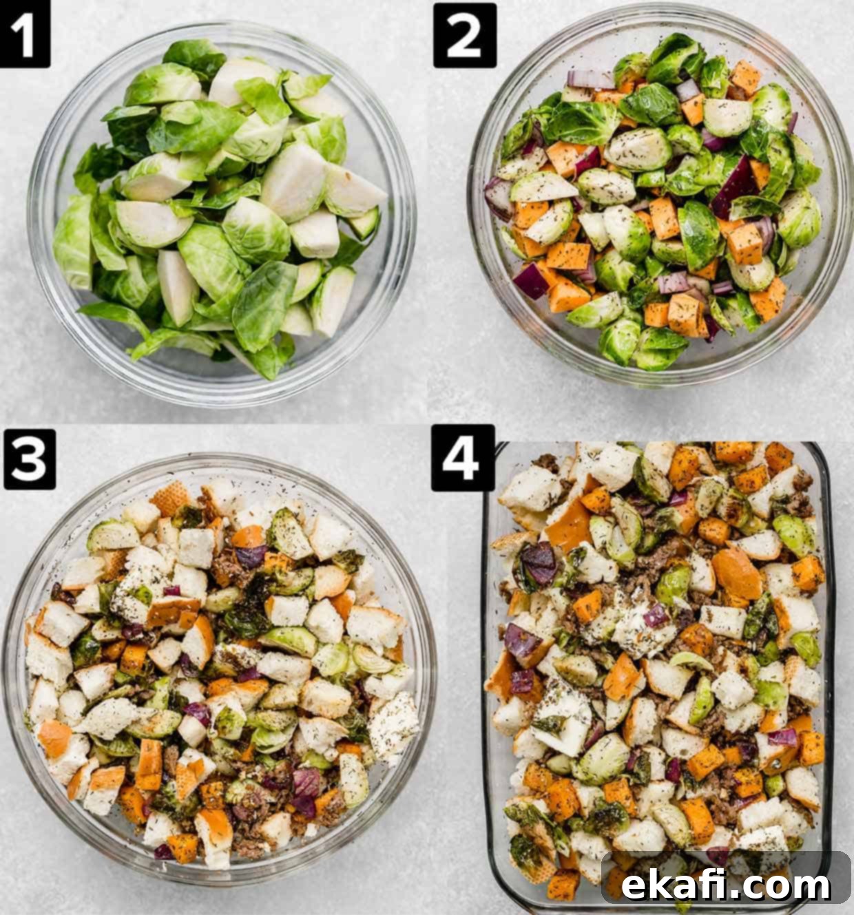 Savory Italian Sausage Dressing 4 Four photos showing the making of autumn vegetable stuffing recipe with Brussels sprouts, red onion, and sweet potato.