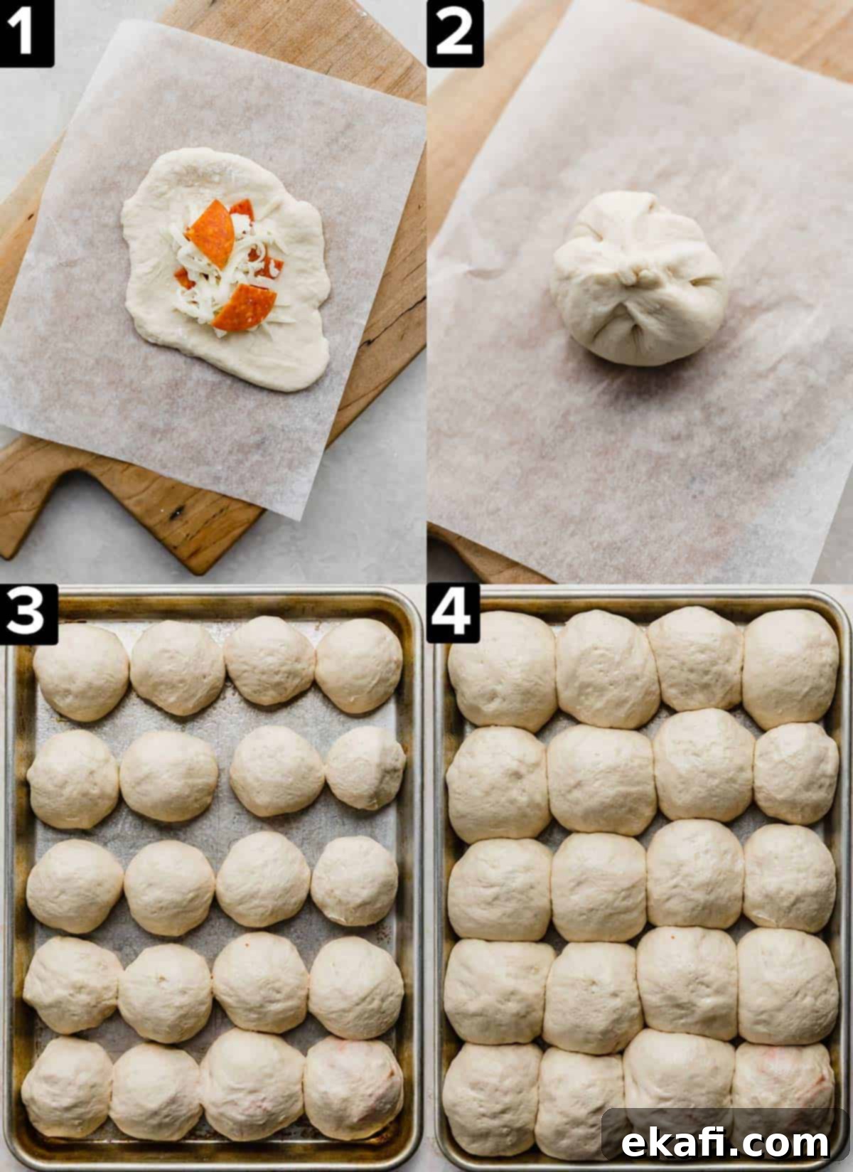 From-Scratch Pizza Rolls 4 Four images showing the process of rolling up pizza rolls. Top two photos demonstrate how to enclose cheese and pepperoni in dough. Bottom two photos show unbaked pizza rolls arranged on a baking sheet, ready for the second rise.